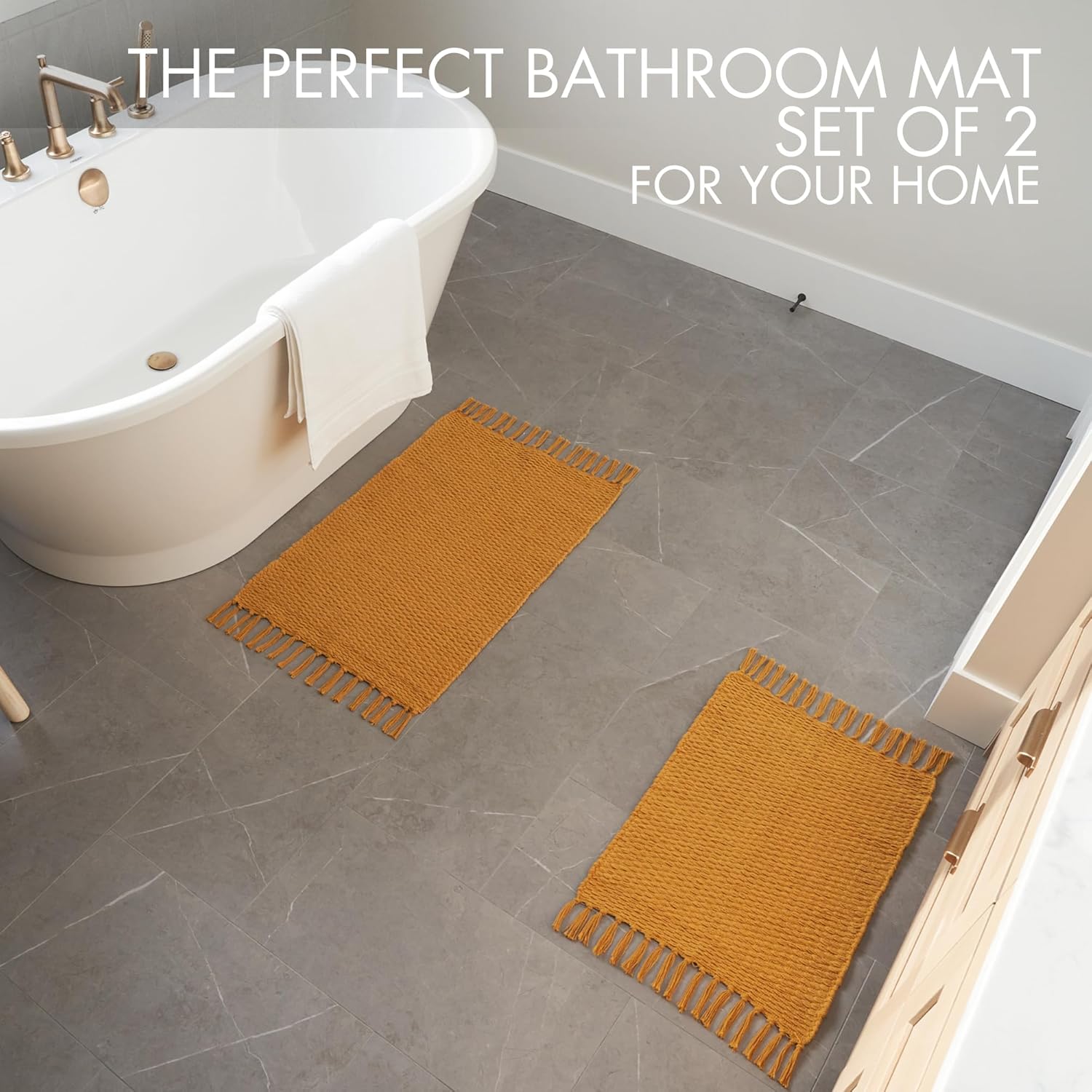 KIBAGA Set of 2 Boho Cotton Bathroom Rugs - Soft Non-Slip Stylish