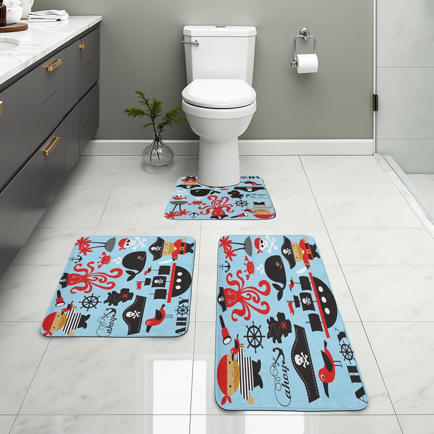 Ambesonne Pirate Bathroom Rug Set 3 Pieces Blue Dark Pink 1