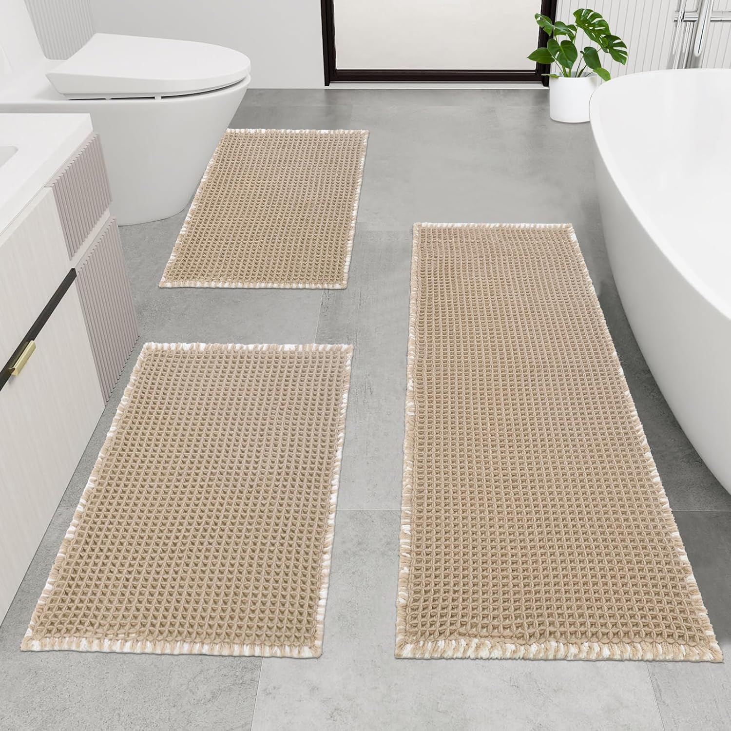 Pauwer 3 Piece Waffle Bath Rug Set Khaki