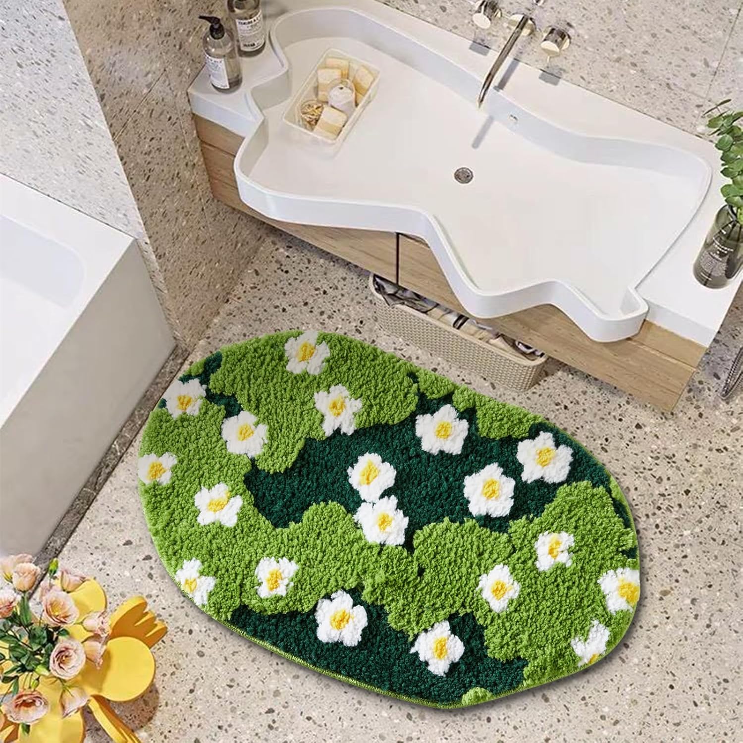 Ouyattle Cute Green Floral Bath Mat Microfiber 1