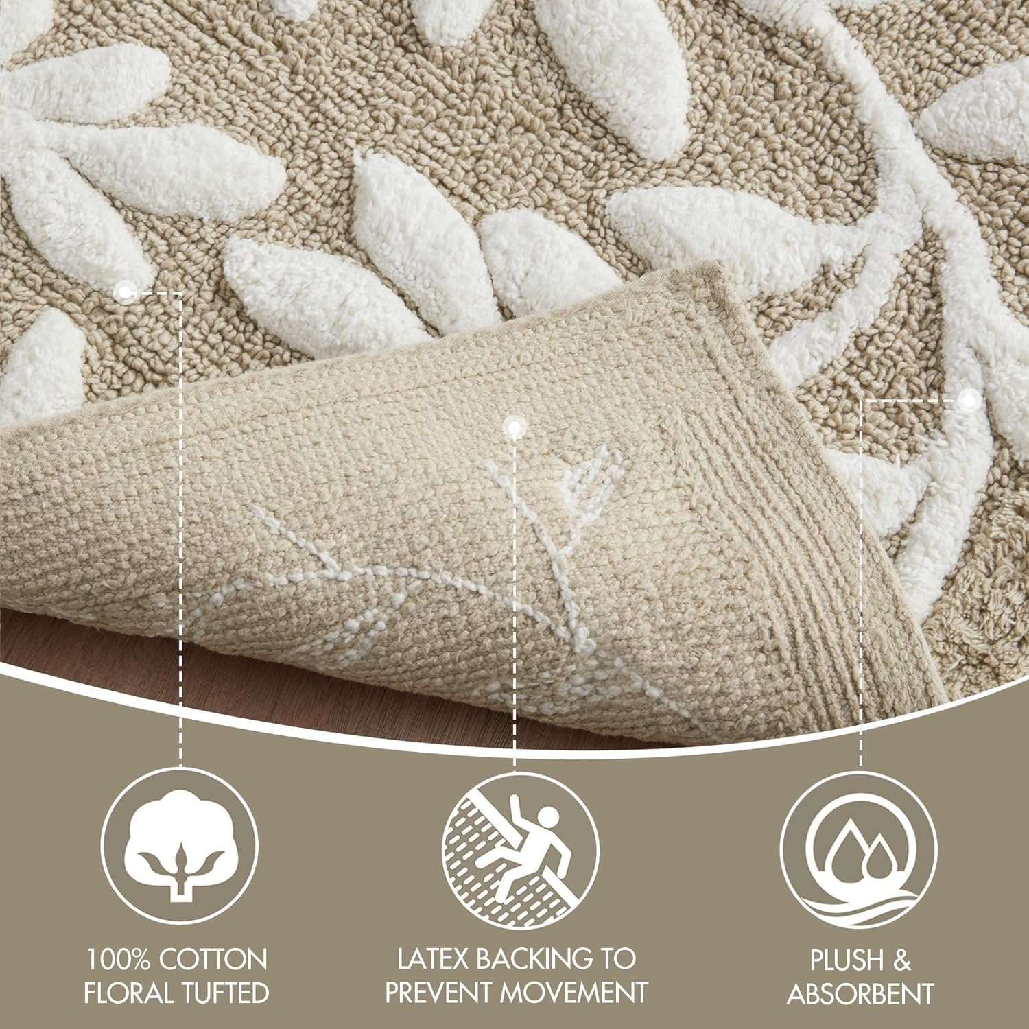 Madison Park Serene Cotton Tufted Bathroom Rug - Floral Leaf Design 21x34 Taupe