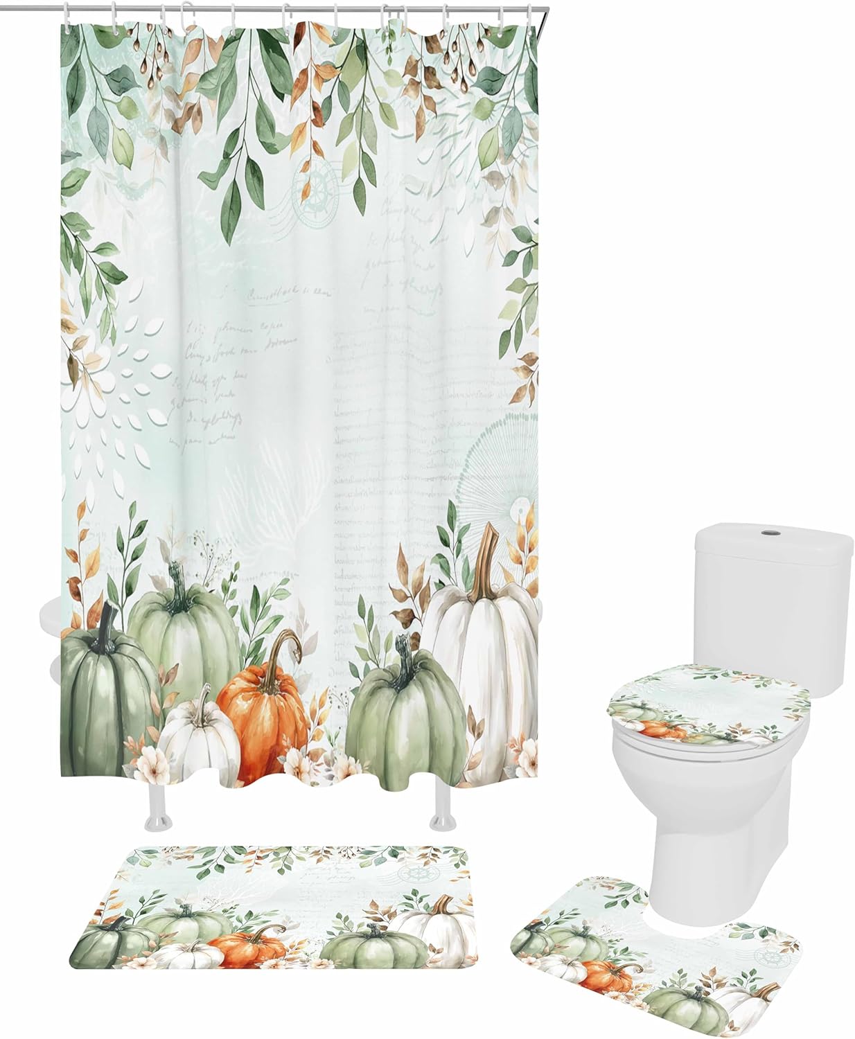 ZOE GARDEN Autumn Pumpkin Bath Set with Curtain Rug and Hooks 1