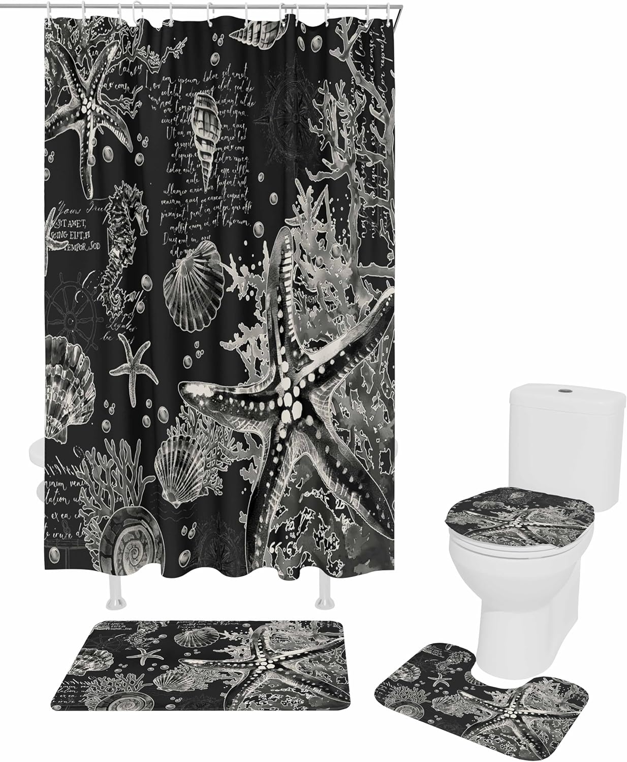 Coastal Black Bathroom Set with Shower Curtain and Rug - 36x72 Inches Nautical Design