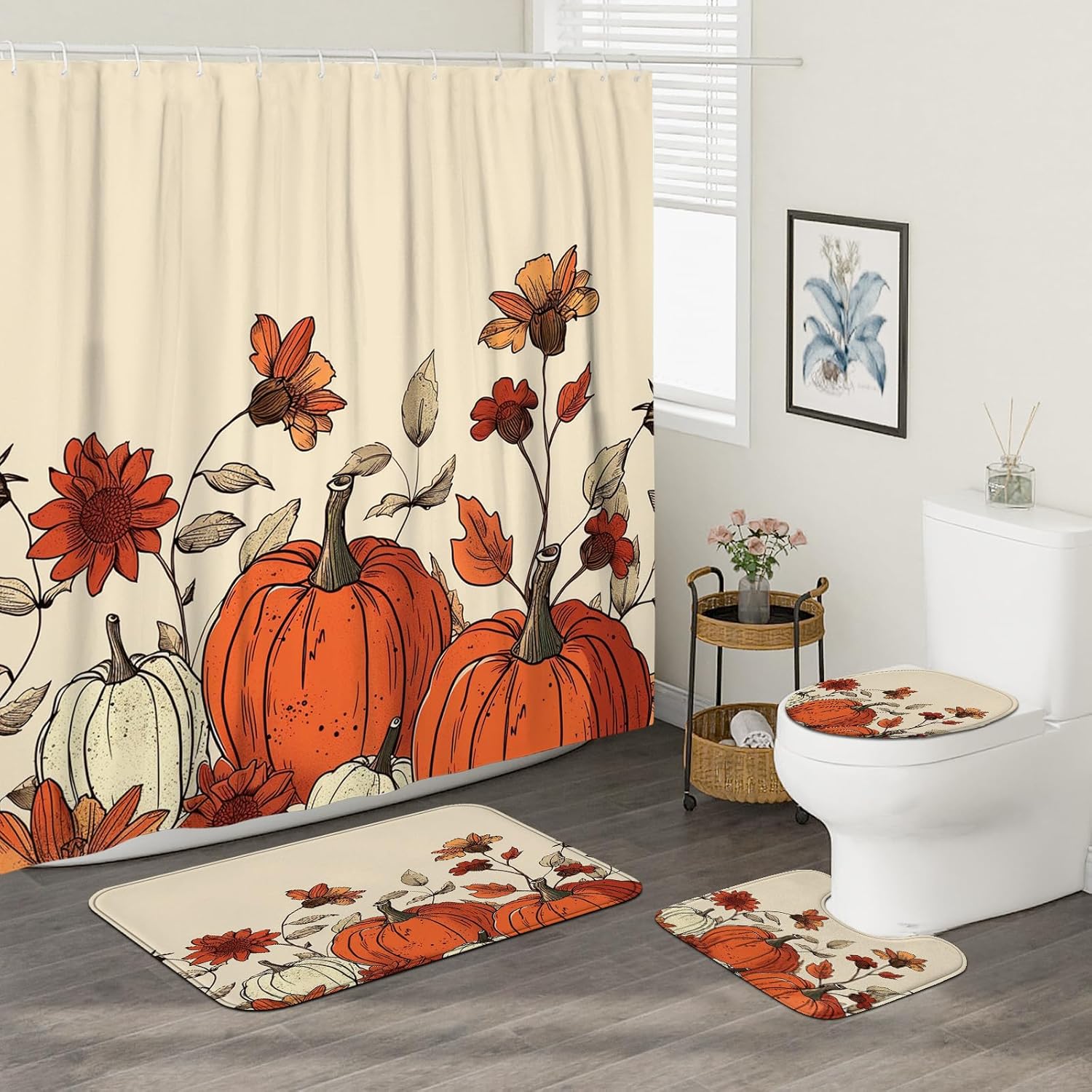 4PCS Fall Cream Pumpkin Bath Set with Non-Slip Rug and U Shape