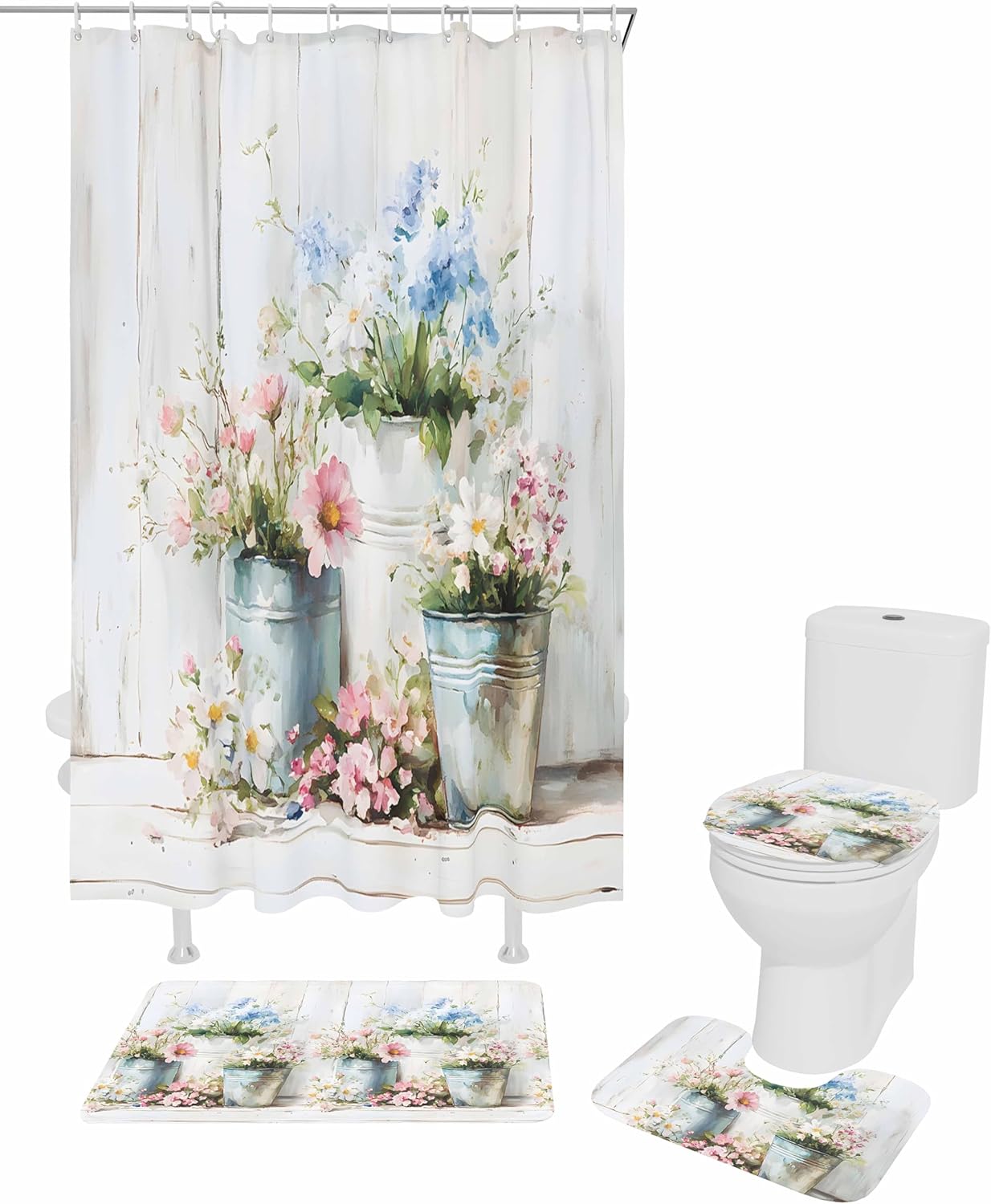 ZOE GARDEN Daisies Flowers Bath Set - 72x72 Waterproof Curtain Rug