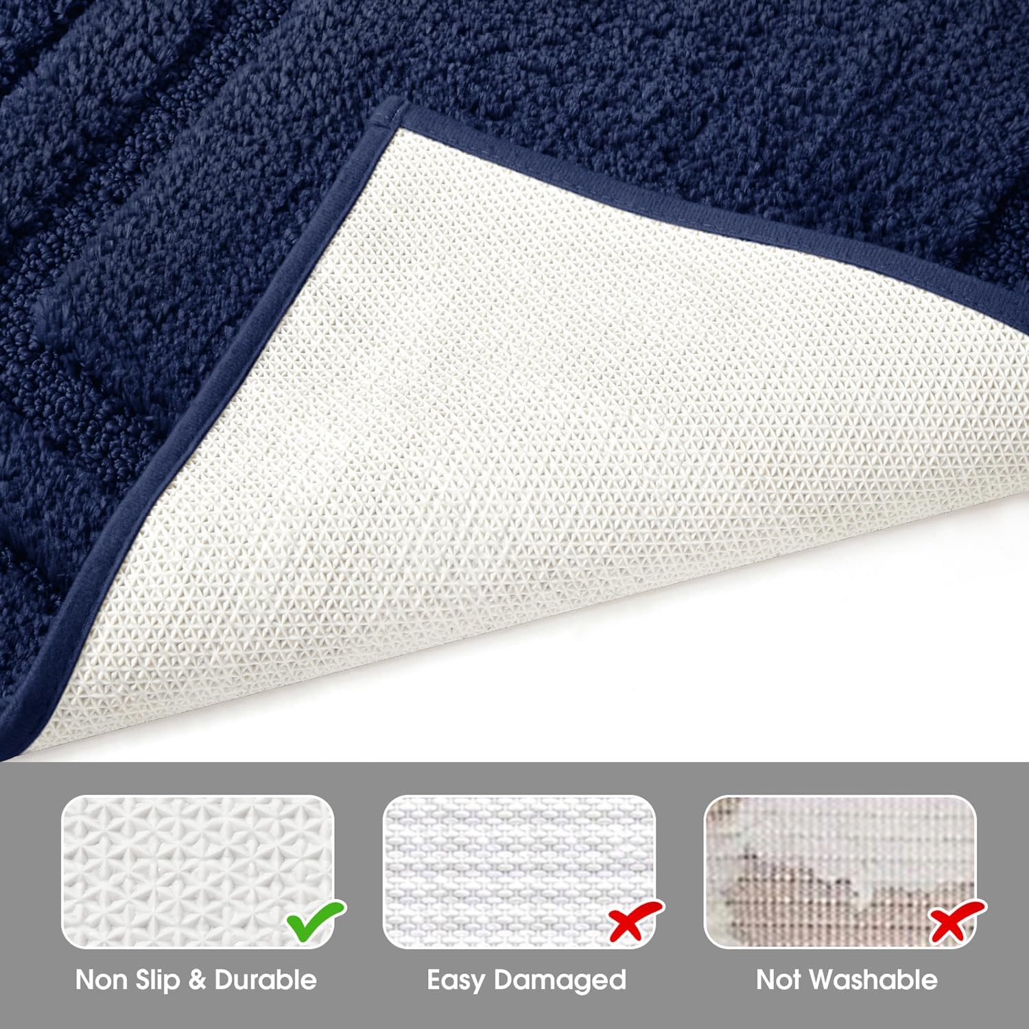 HOMEIDEAS 2-Piece Bath Rug Set Non-Slip Microfiber Mats Navy Blue