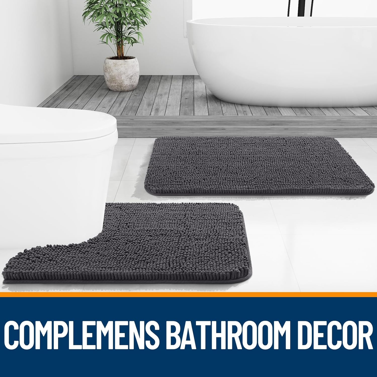 OLANLY Dark Grey 30x20 Chenille Bath Rug 1