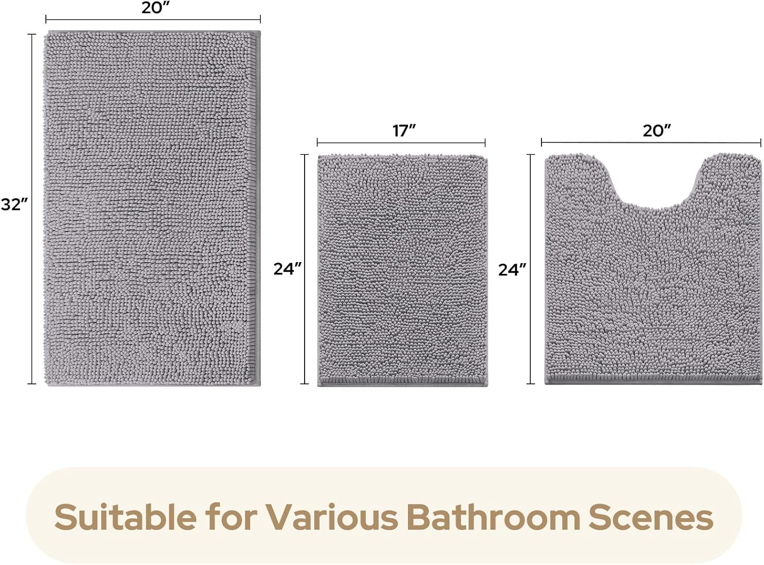 HOMEIDEAS 3 Piece Bath Rug Set - Ultra Soft Non Slip Chenille Rugs