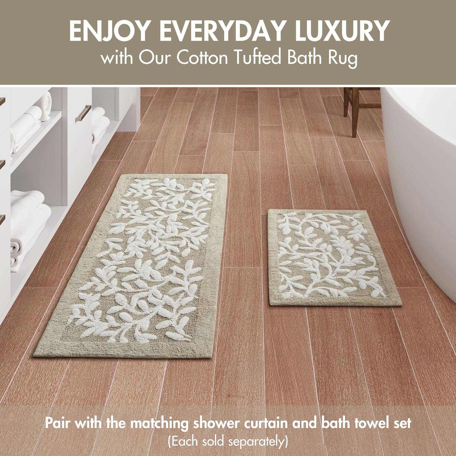 Madison Park Serene Cotton Tufted Bathroom Rug - Floral Leaf Design 21x34 Taupe