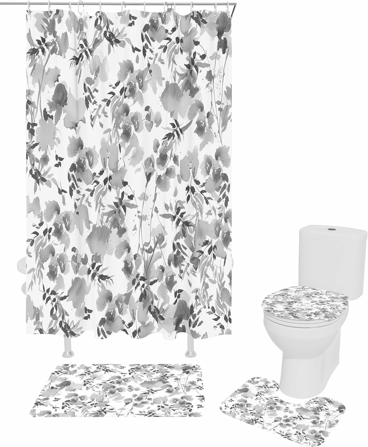 Gray Flower Bathroom Set with Curtain Rug and Hooks