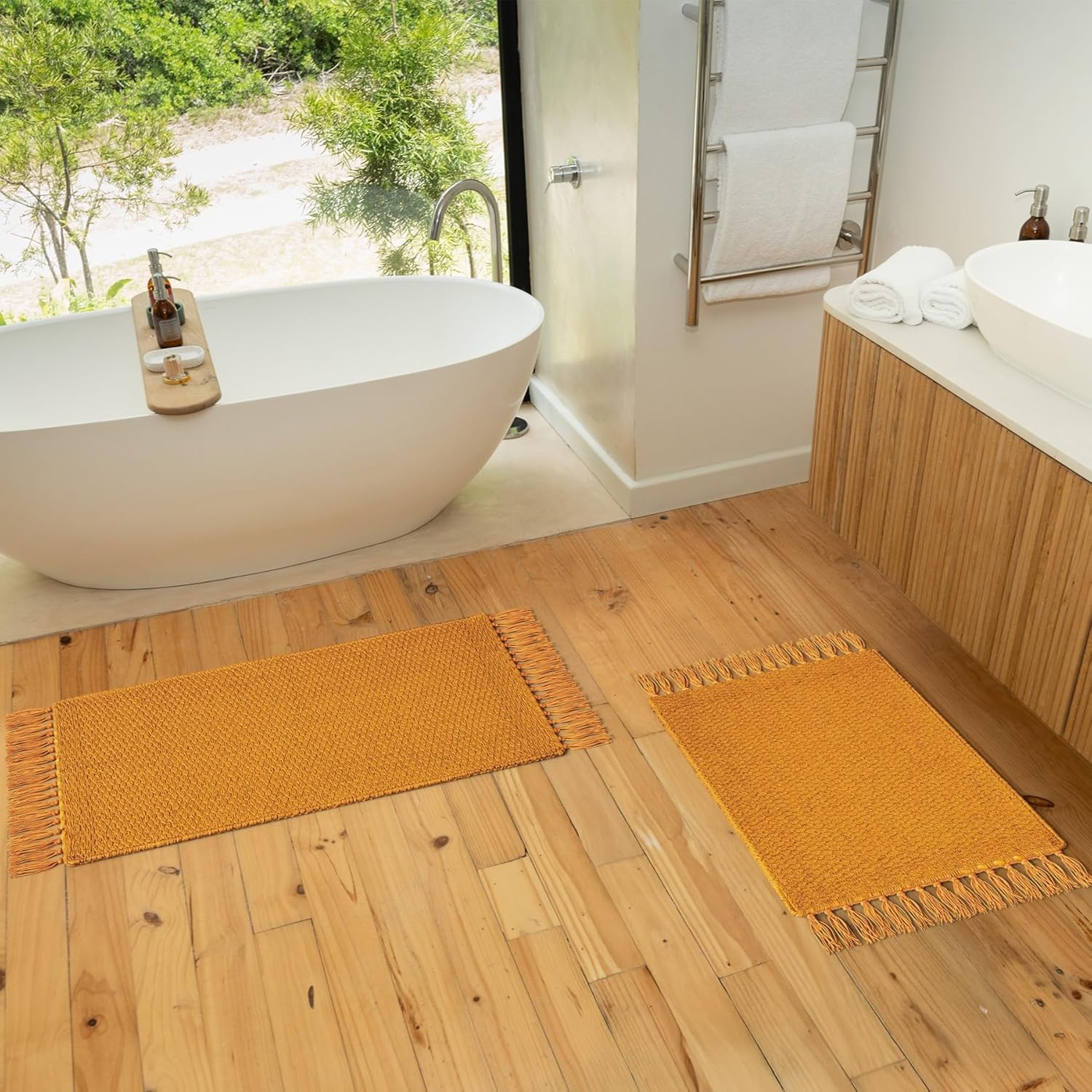 KIBAGA Set of 2 Boho Cotton Bathroom Rugs - Soft Non-Slip Stylish
