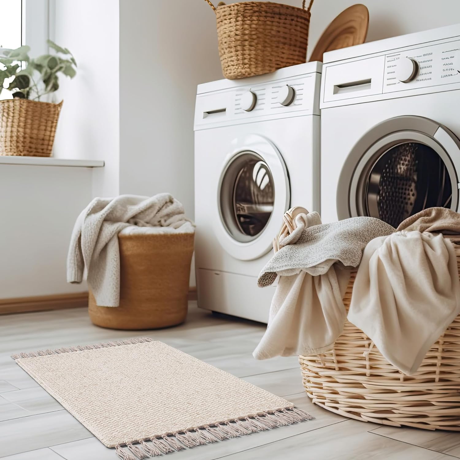 KIBAGA Boho Bathroom Rug - Soft 20x30 Inch Beige Cotton Mat with Tassels