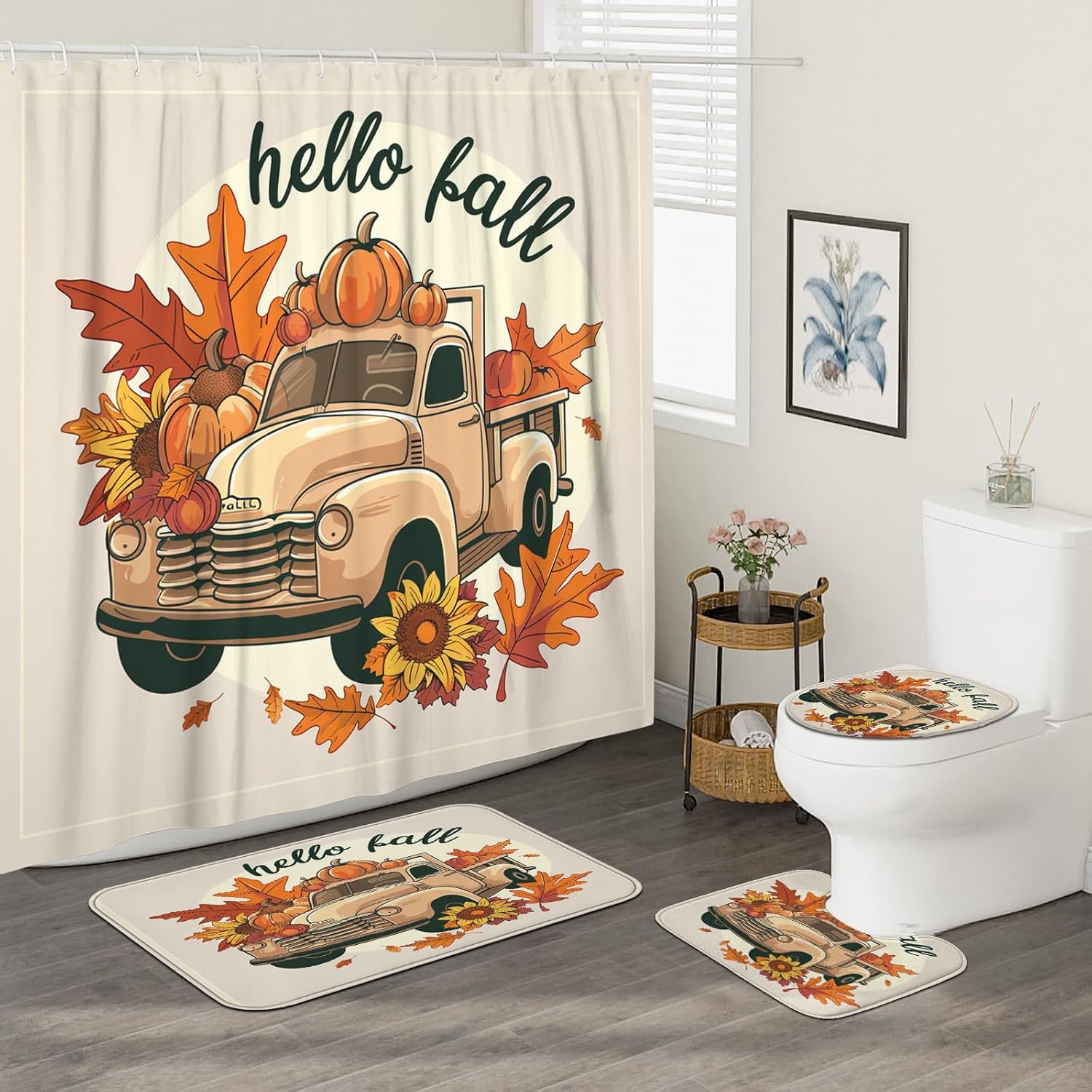 4PCS Fall Kawaii Truck Bathroom Sets with Non-Slip Rug