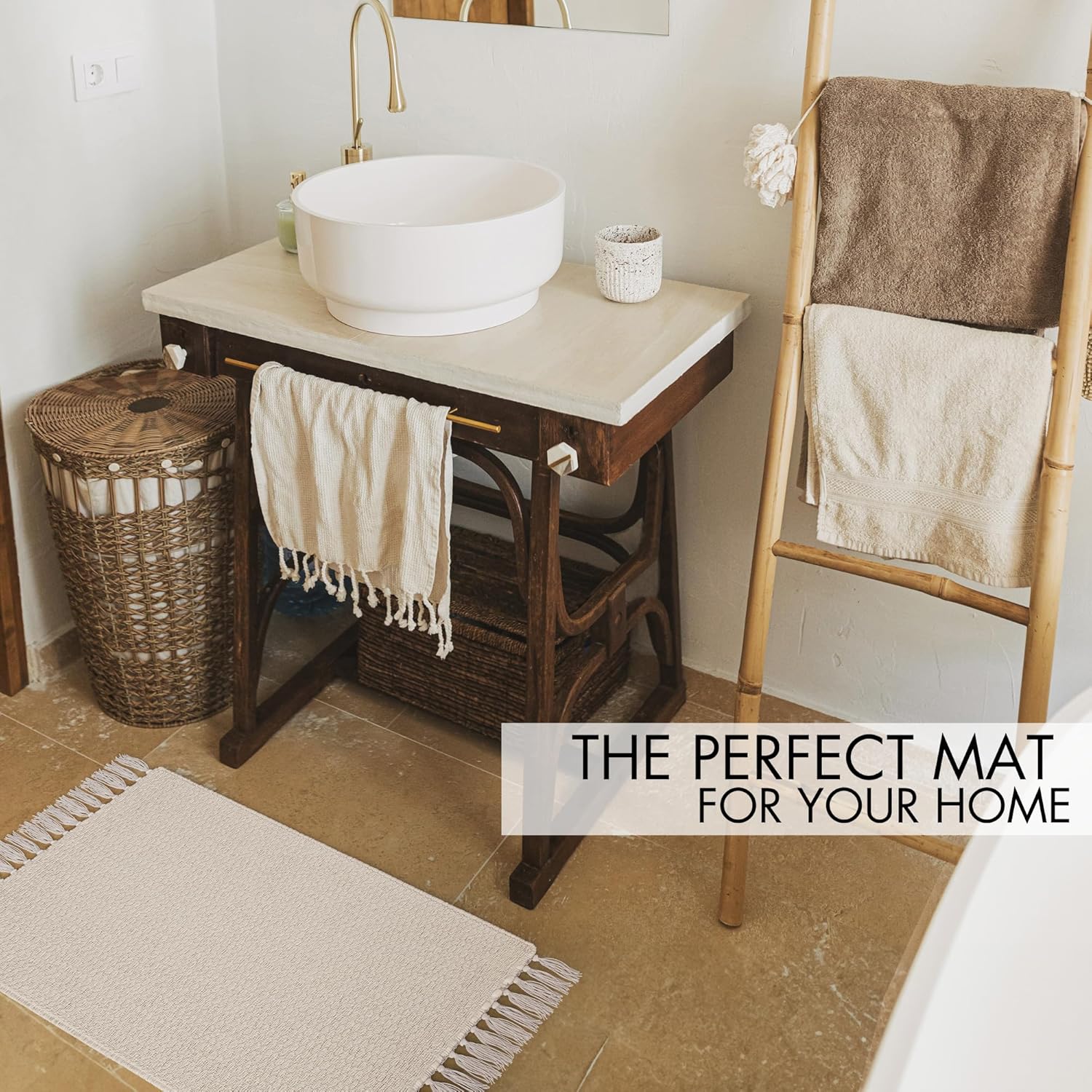 KIBAGA Boho Bathroom Rug - Soft 20x30 Inch Beige Cotton Mat with Tassels