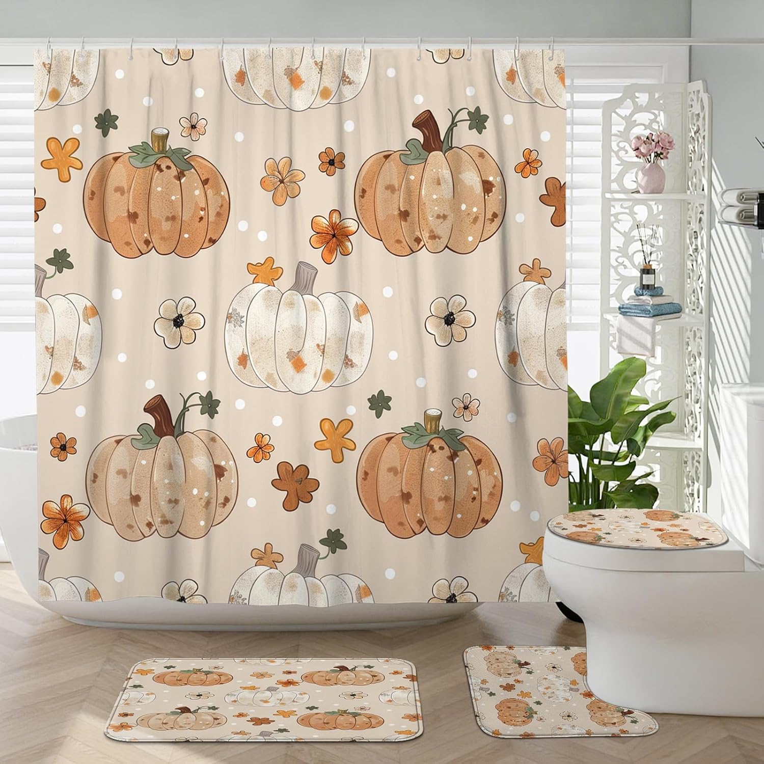 4PCS Fall Dot Pumpkin Bathroom Accessory Set with Non-Slip Rug
