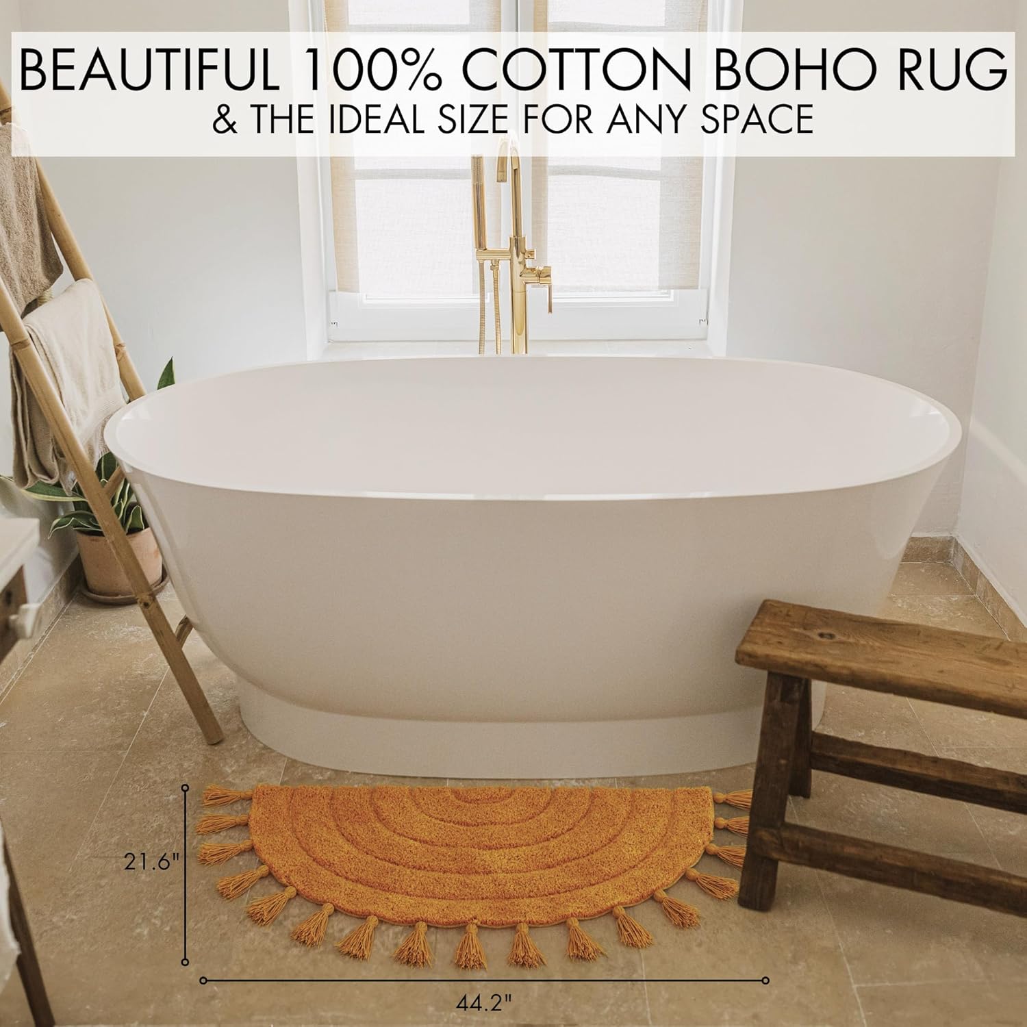 KIBAGA Boho Bath Mat Mustard Tassels Non-Slip