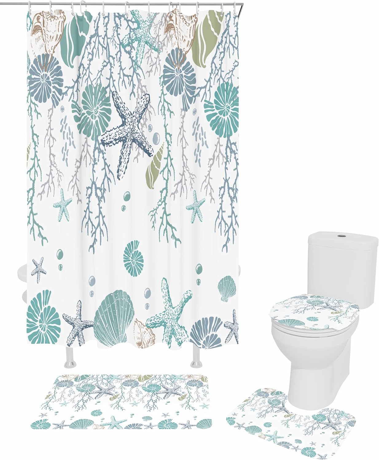 Coastal Bathroom Set with Rug and Hooks - 72x72 Inches