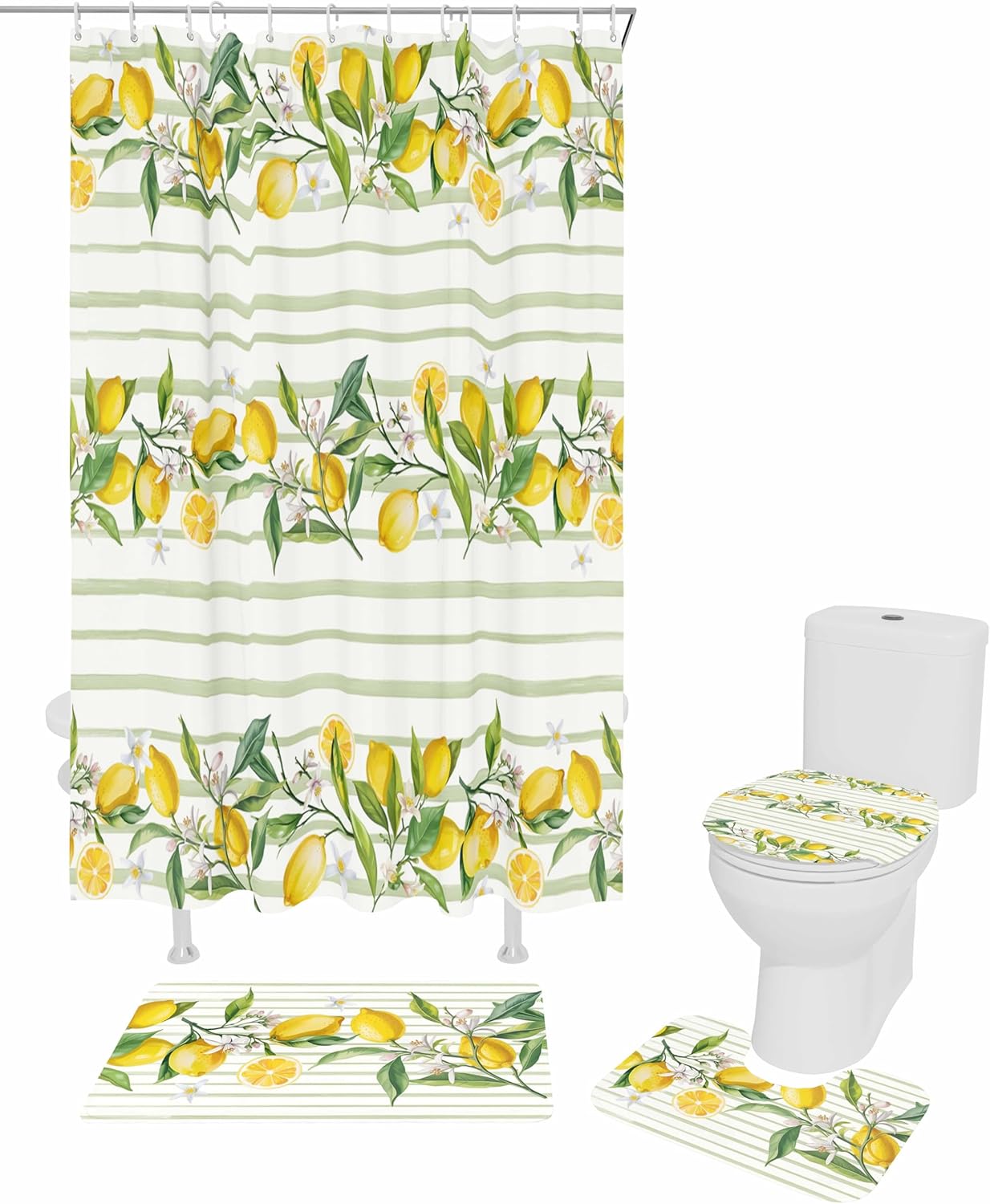 ZOE GARDEN Lemon Stripe Bathroom Set with Curtain Rug and Accessories 1