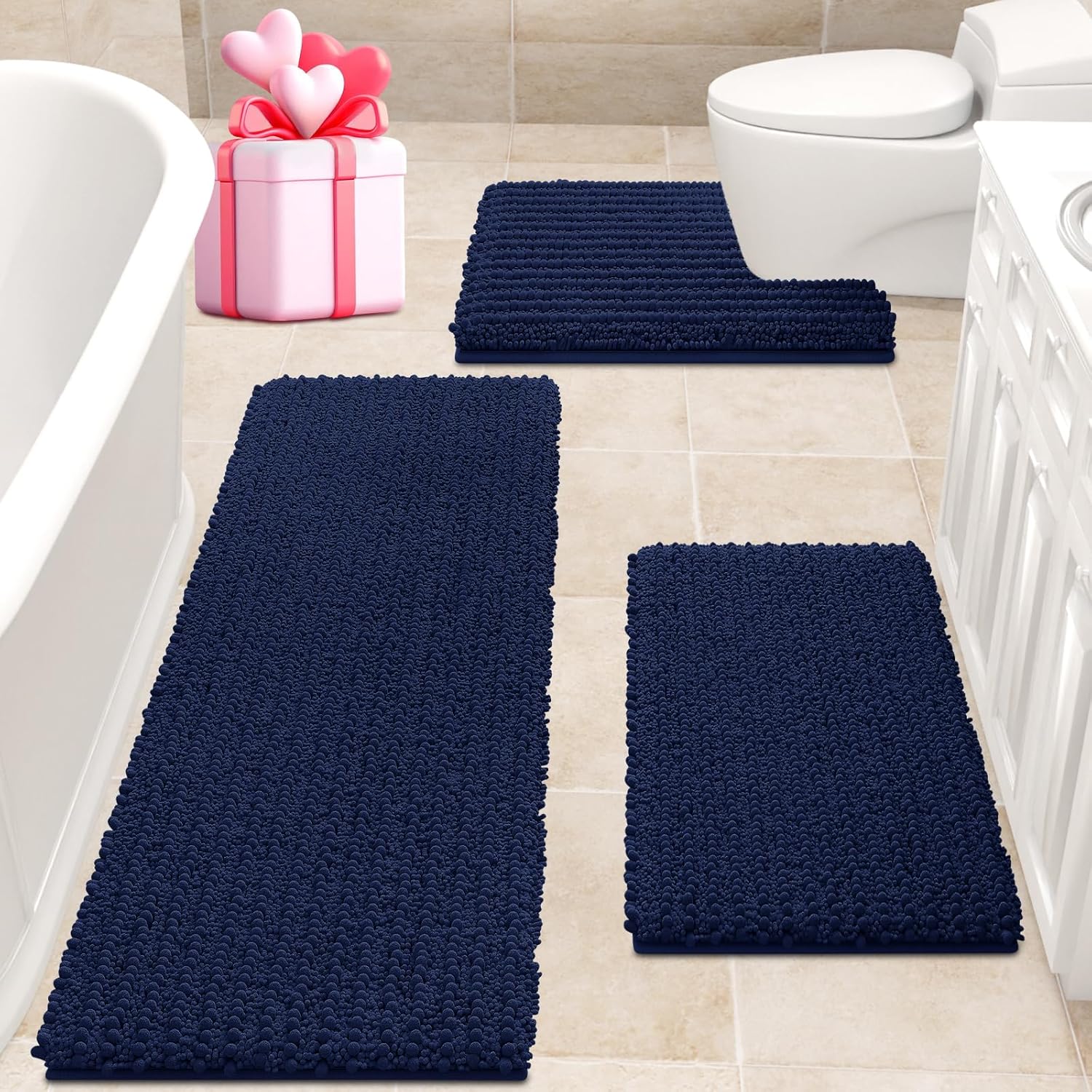 ACCUMTEK 3 Piece Navy Blue Bath Rug Set