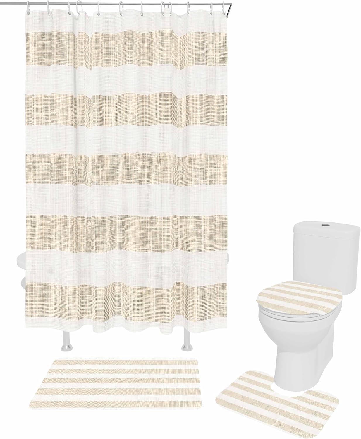 ZOE GARDEN Beige Stripe Bathroom Set with Shower Curtain and Rug