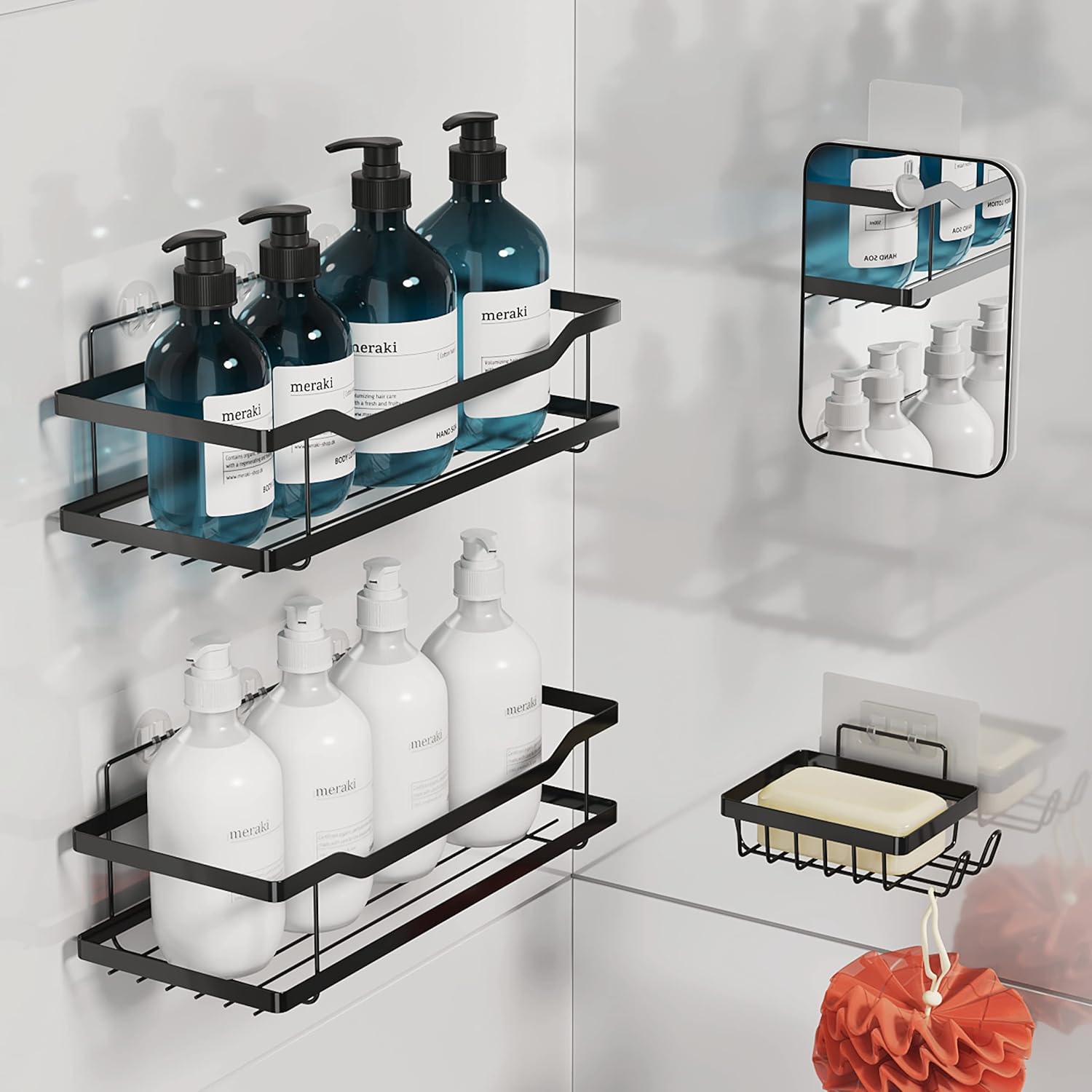 Homeify 4 Pc Shower Caddy Set with Fogless Mirror and Soap Holder