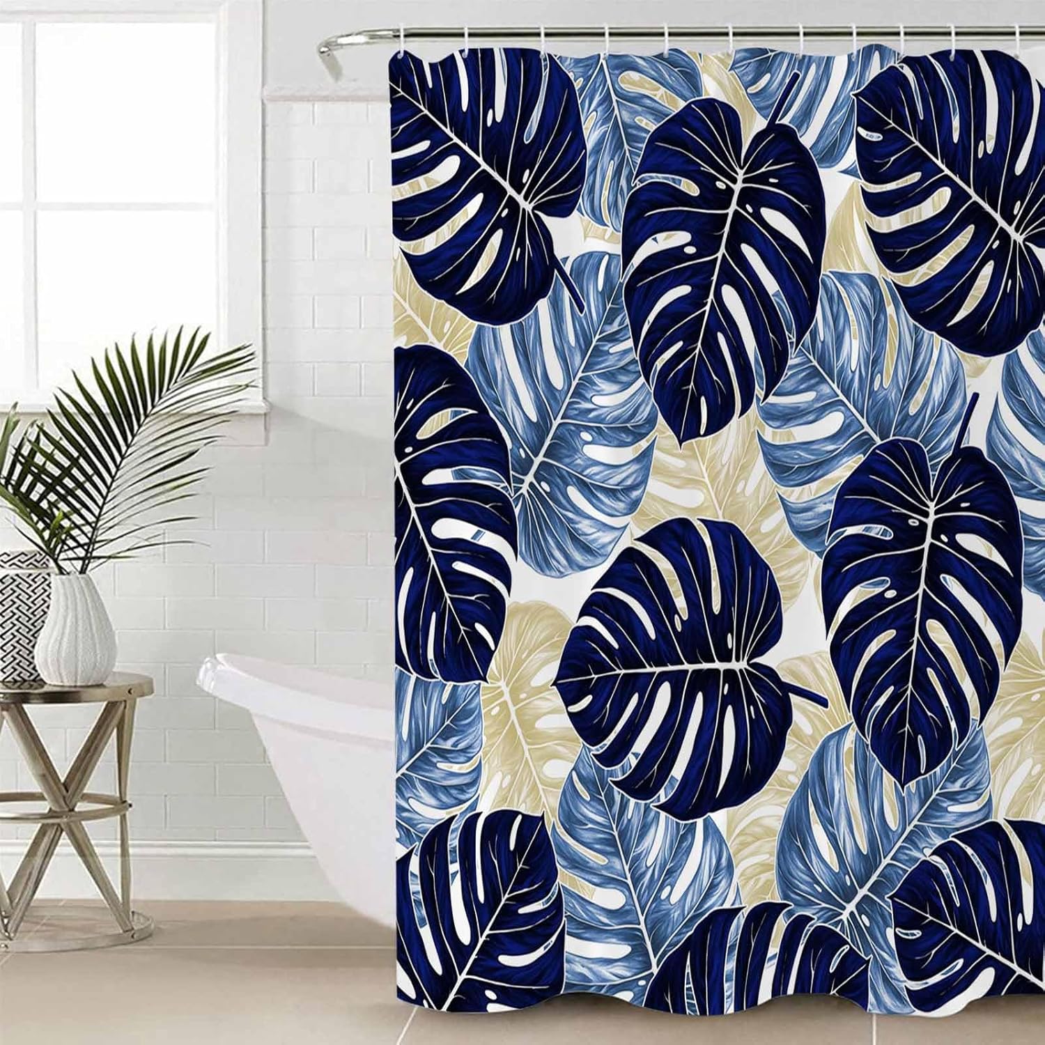 Navy Palm Leaf Bathroom Set with Curtain Rug and Accessories