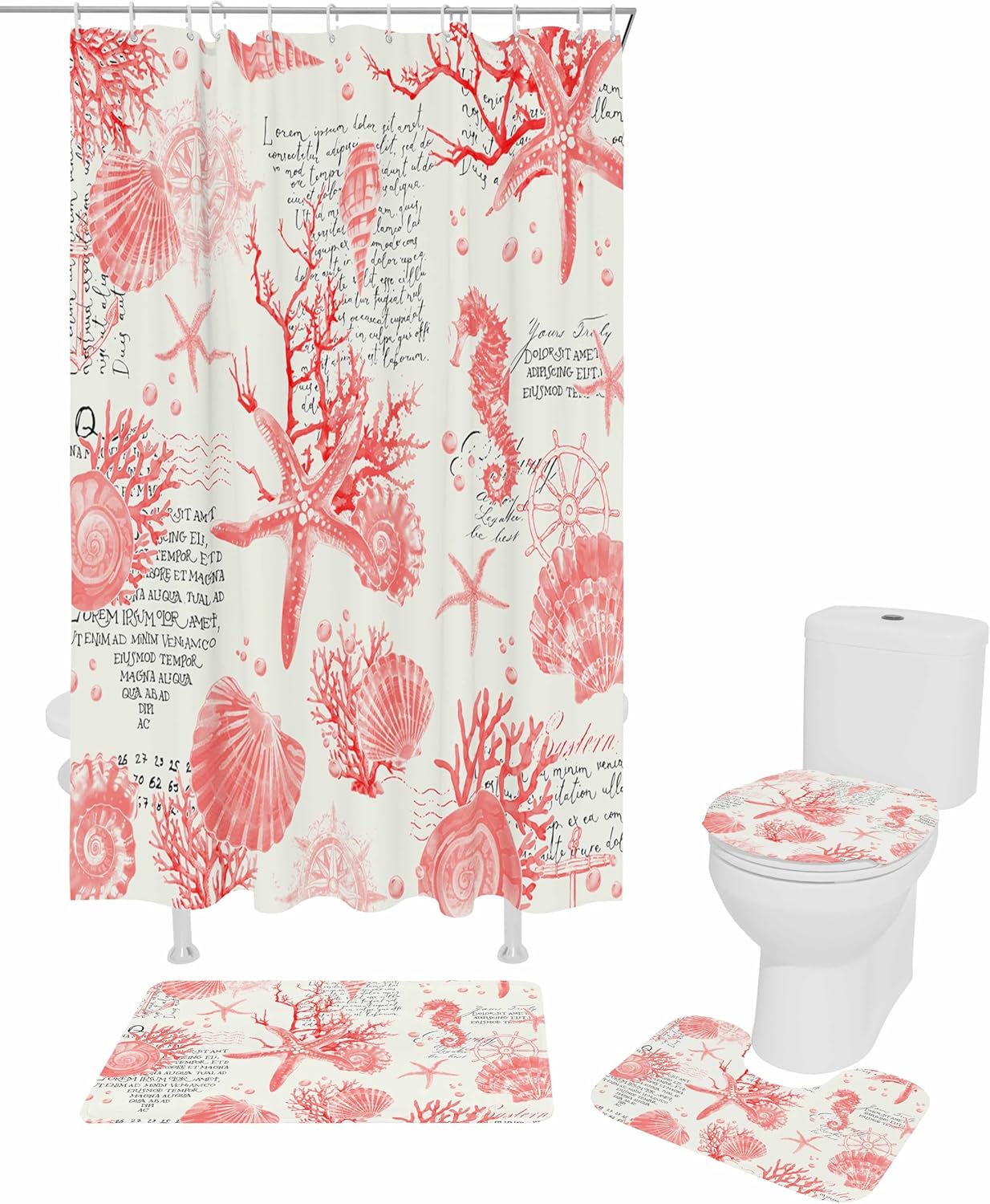 ZOE GARDEN Red Coastal Bath Set with Curtain Rug and Accessories