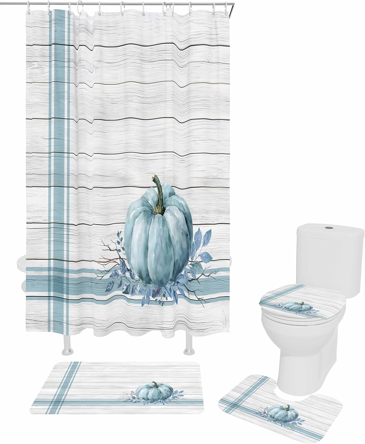 ZOE GARDEN Blue Pumpkin Bathroom Set with Curtain Rug and Accessories
