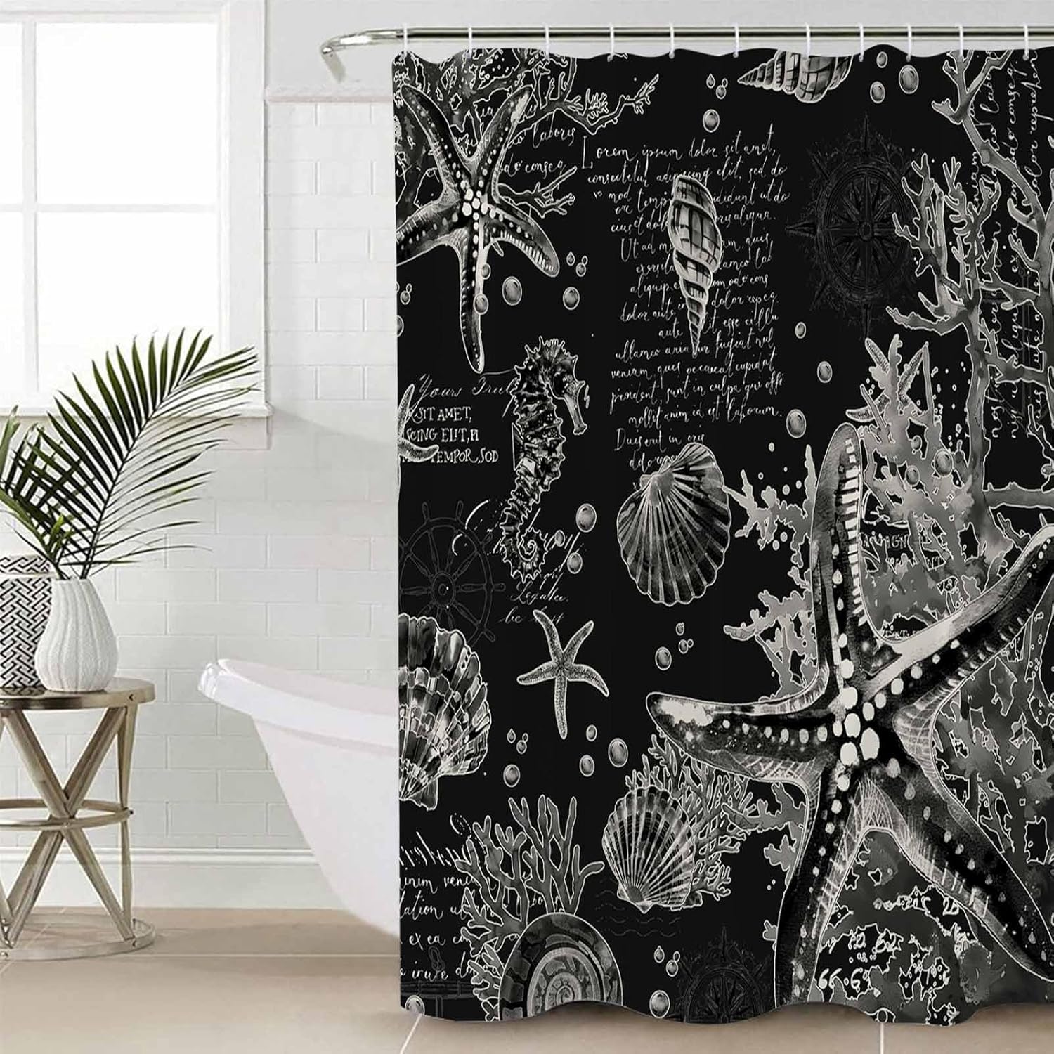 Coastal Black Bathroom Set with Shower Curtain and Rug - 36x72 Inches Nautical Design
