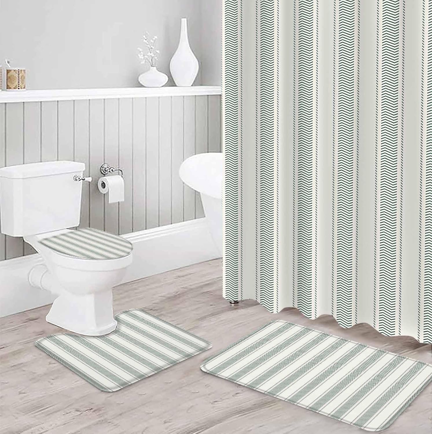 ZOE GARDEN Green Stripe Bathroom Set with Shower Curtain Rug and Accessories