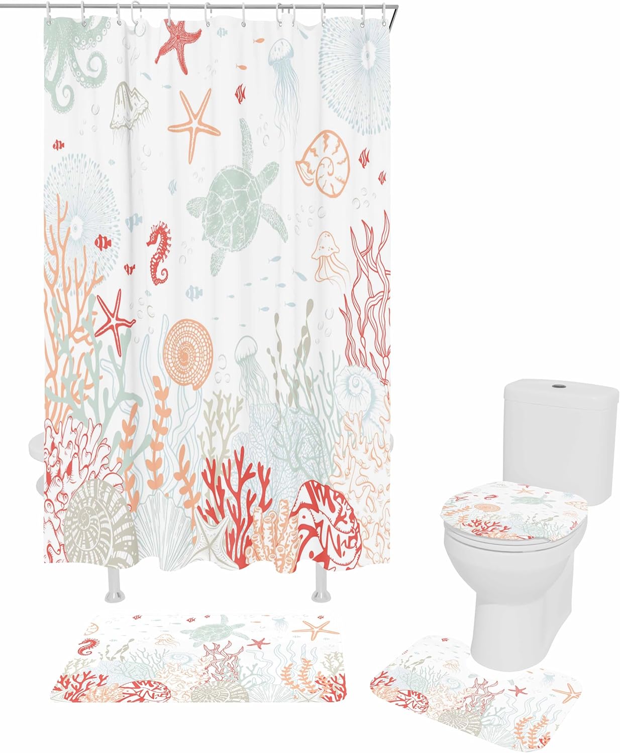 Coastal Turtle Bathroom Set with Shower Curtain Rug and Accessories