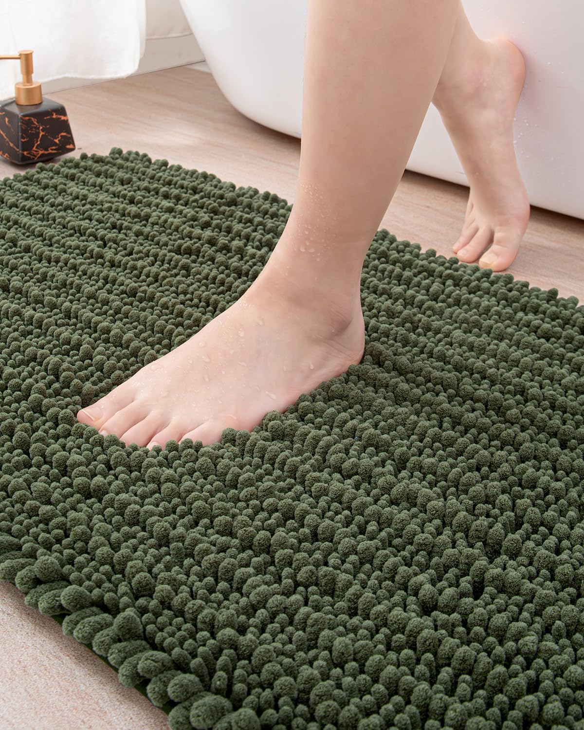 DEXI Olive Green Bath Mat 20x32 Non Slip Chenille Rugs