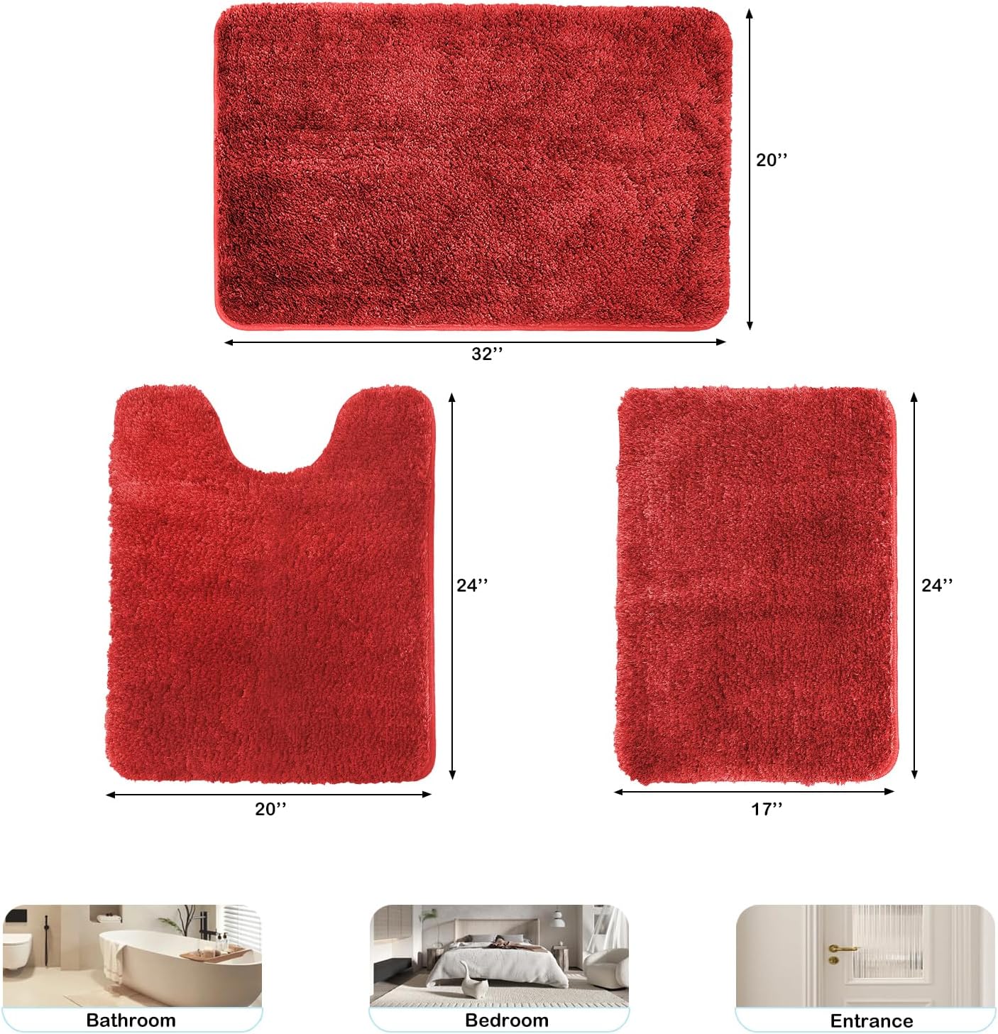 wyewye 3 Piece Bath Rug Set Non-Slip Microfiber Red Rugs