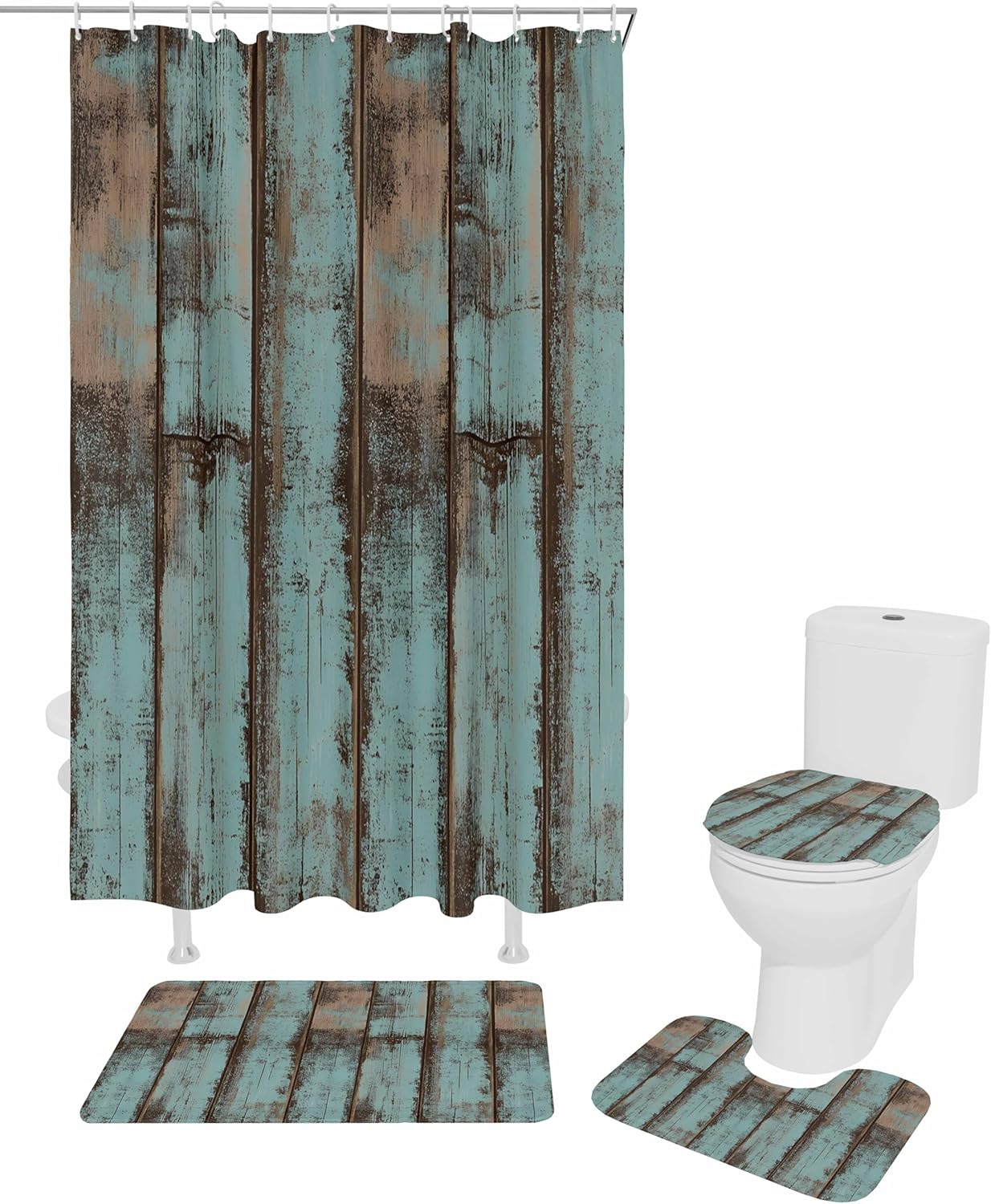 Turquoise Blue Bathroom Set with Rug and Curtain Accessories
