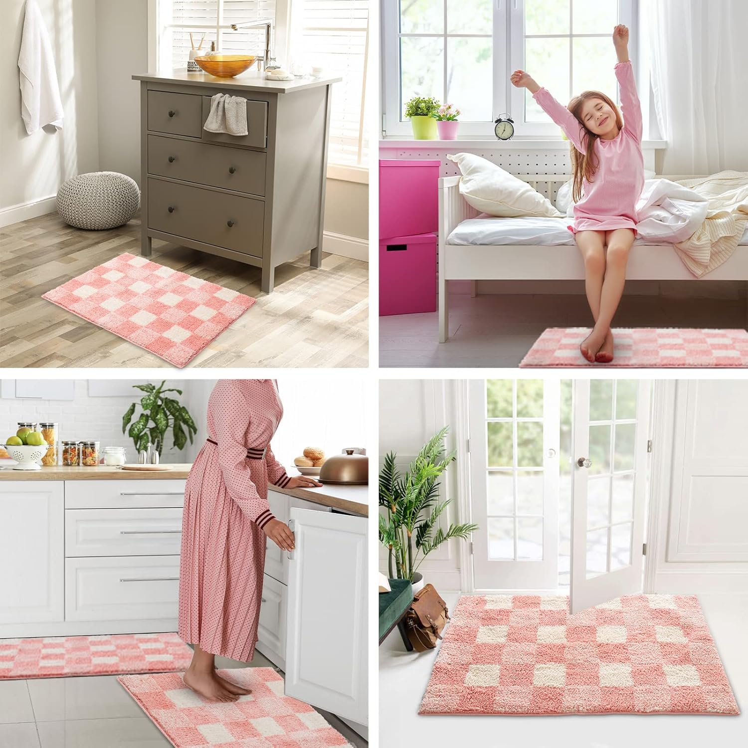 CozeCube Checkered Bath Mat - 24 x 16 Inches Blossom Pink