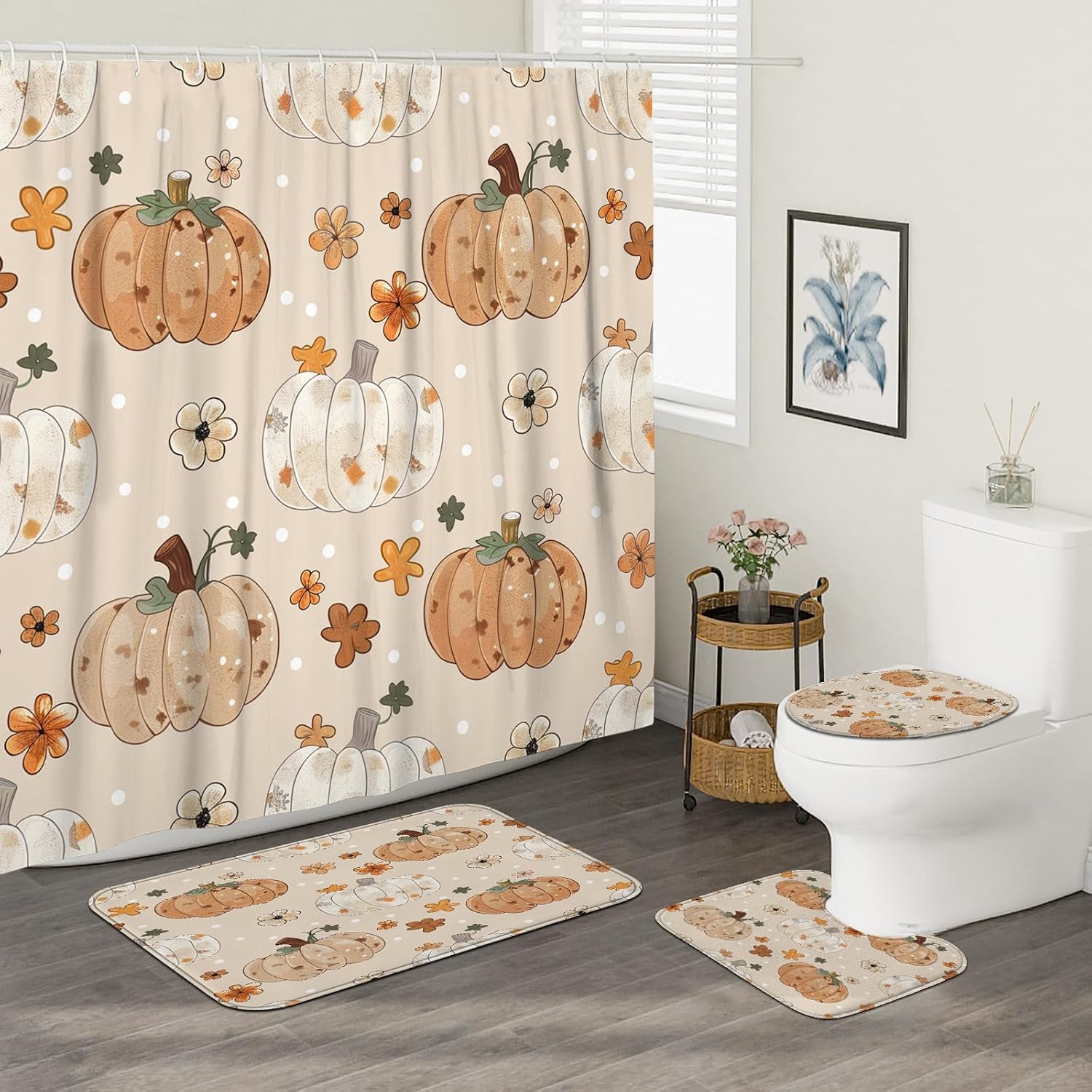 4PCS Fall Dot Pumpkin Bathroom Accessory Set with Non-Slip Rug