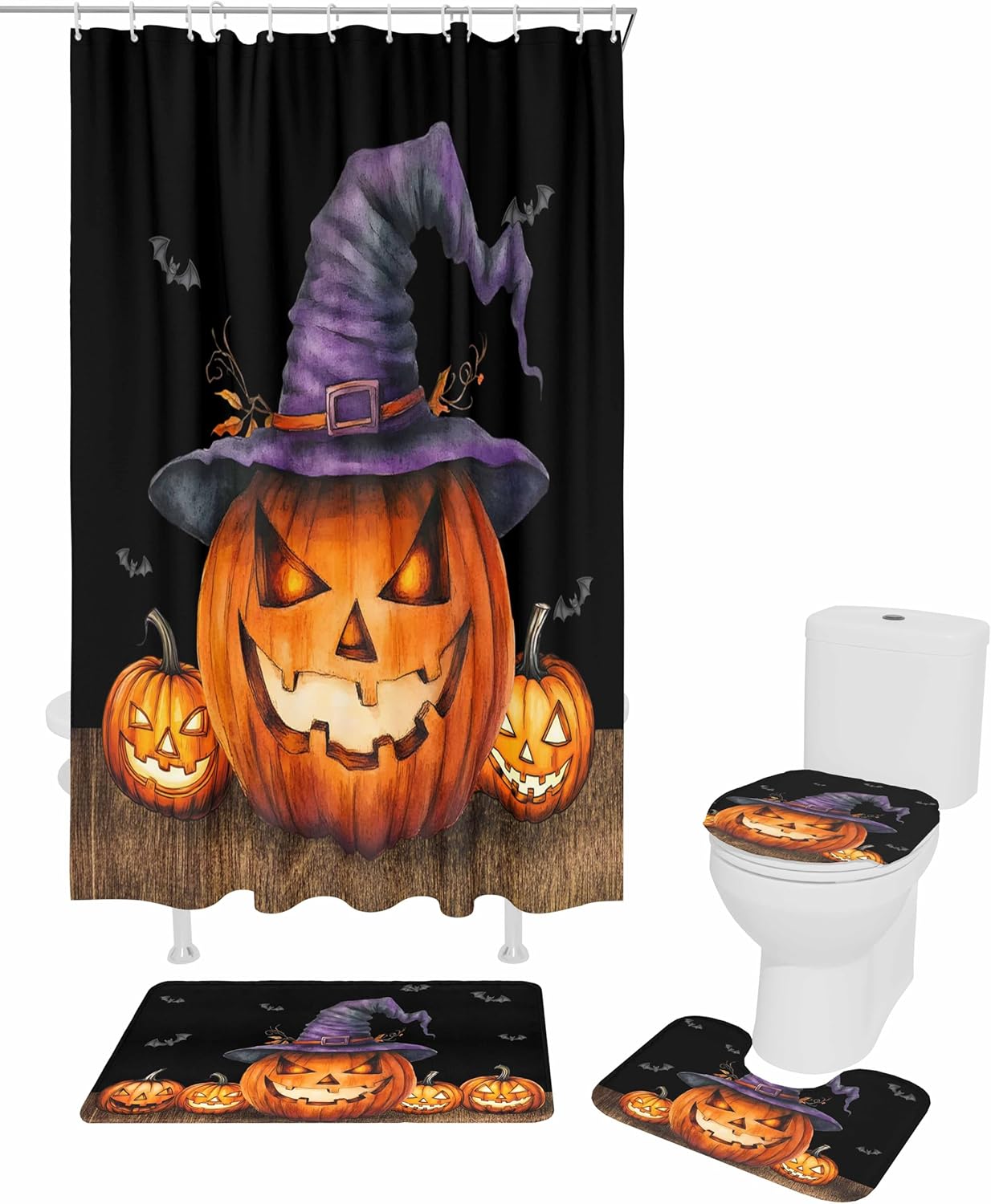 ZOE GARDEN Halloween Bathroom Set with Curtain Rug and Hooks