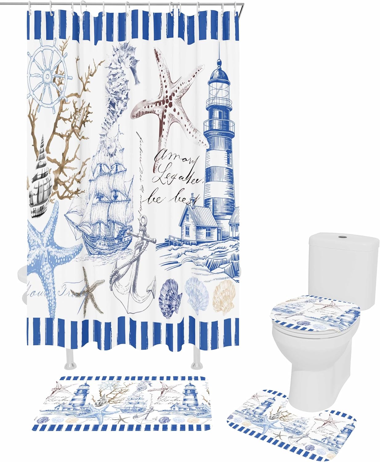 Coastal Blue Bathroom Set with Shower Curtain Rug and Accessories