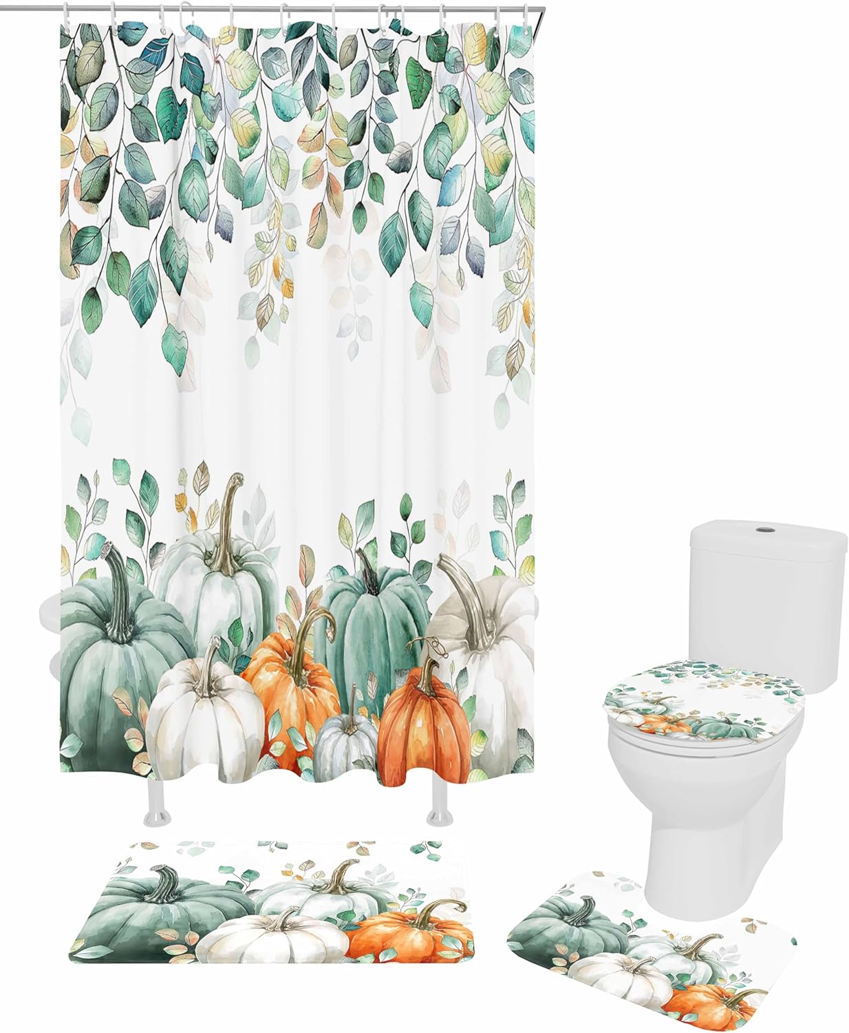 ZOE GARDEN Green Pumpkin Bathroom Set with Shower Curtain Rug and Accessories
