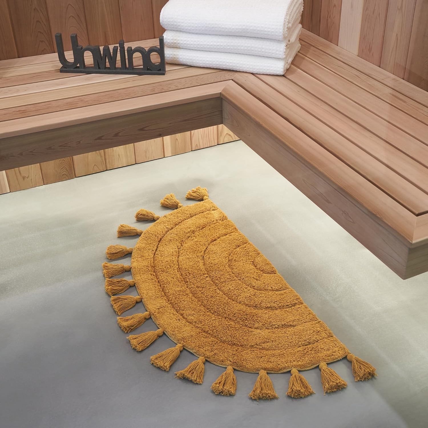 KIBAGA Boho Bath Mat Mustard Tassels Non-Slip