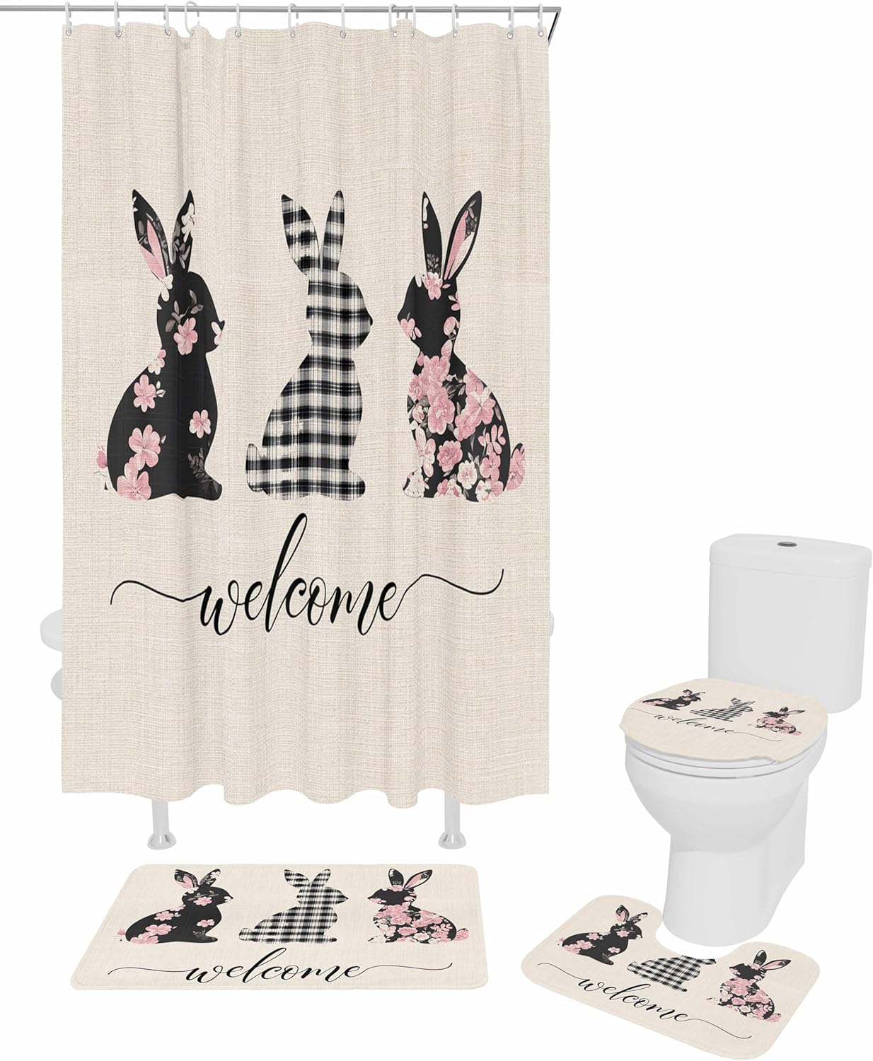 ZOE GARDEN Easter Bunny Bathroom Set - Waterproof Curtain Rug Accessories