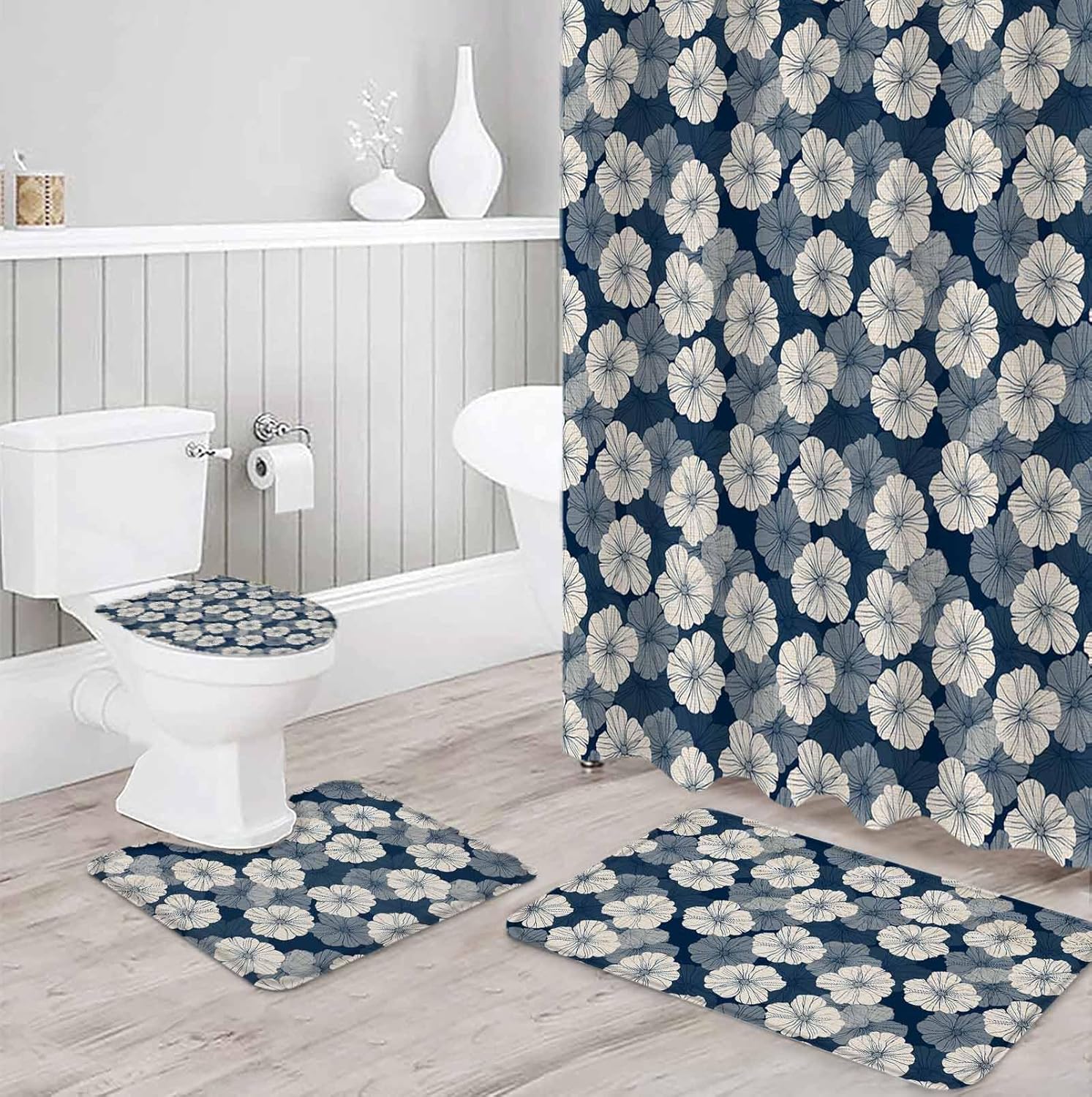 ZOE GARDEN Blue Beige Bathroom Set with Curtain Rug and Accessories