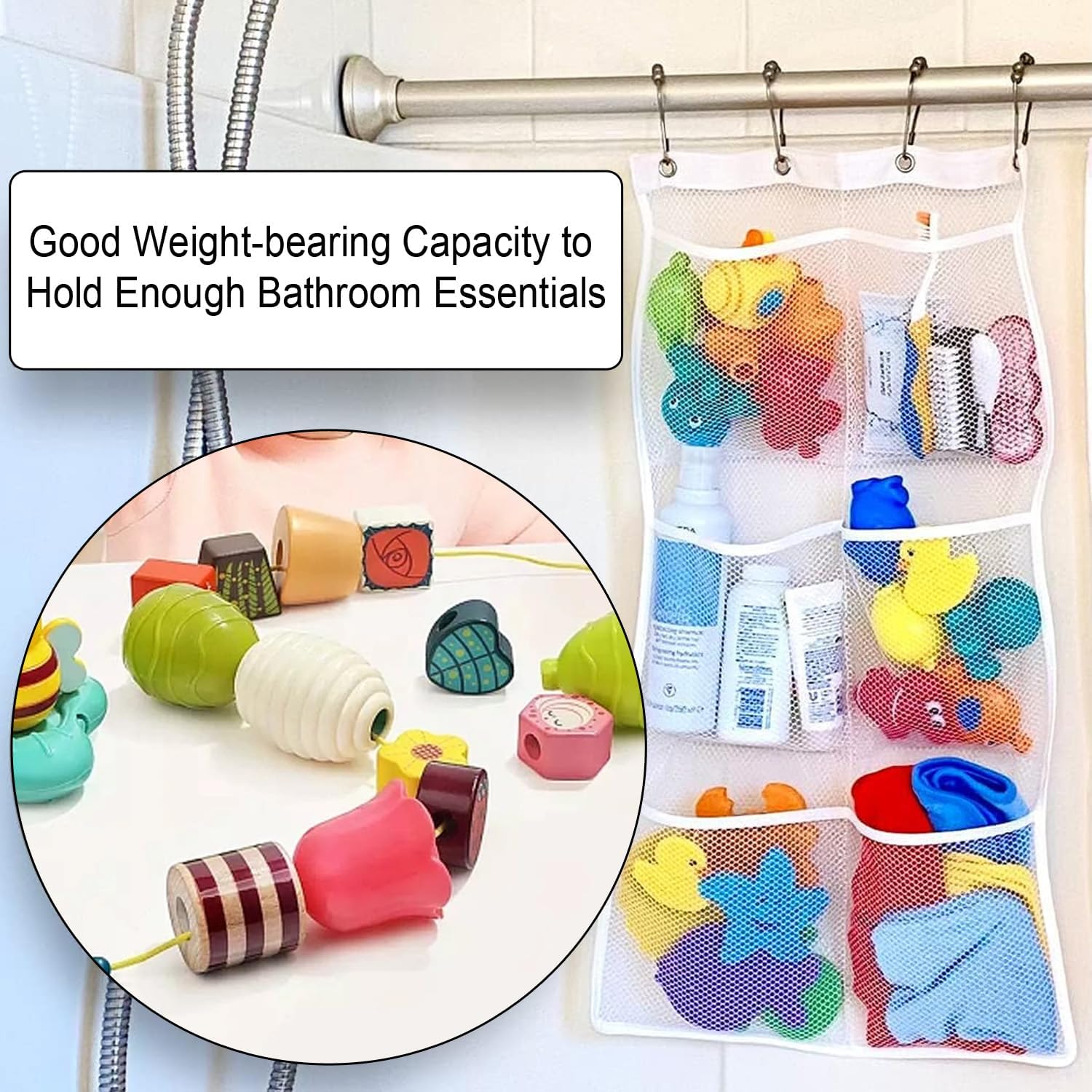 Quick Dry Mesh Shower Organizer with 6 Pockets and 4 Hooks