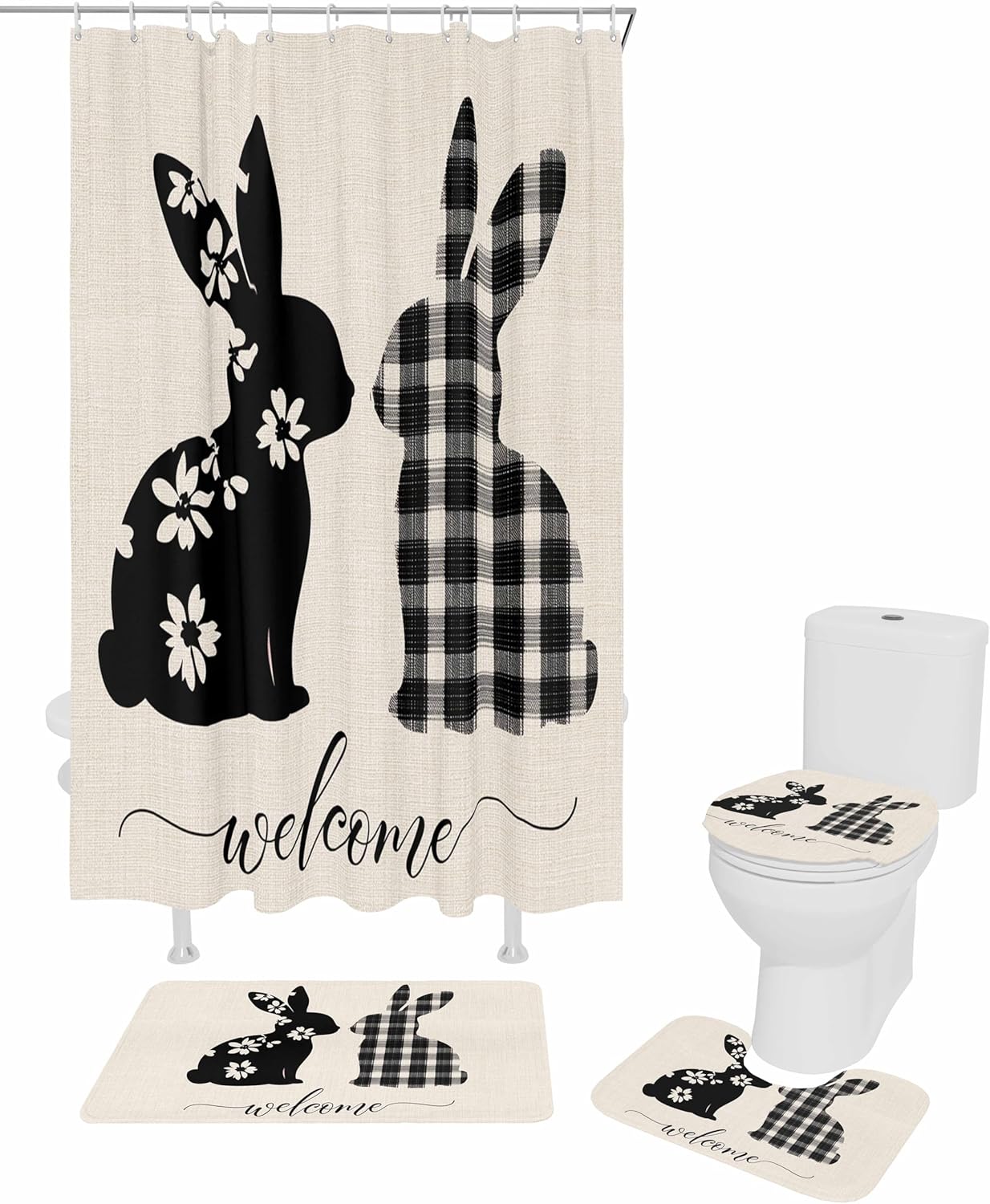 ZOE GARDEN Flowers Rabbit Bathroom Set with Shower Curtain and Rug