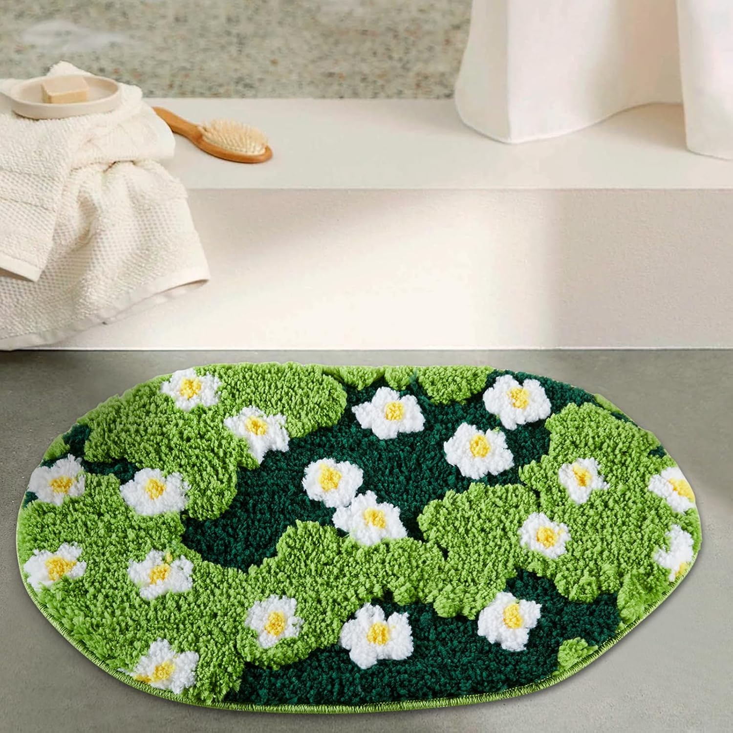 Ouyattle Cute Green Floral Bath Mat Microfiber 1
