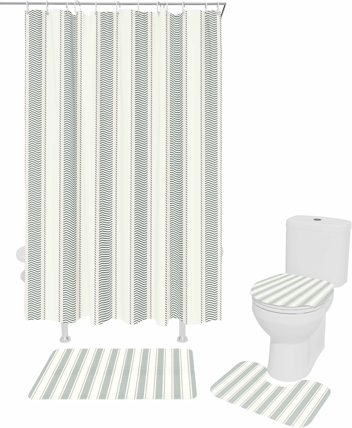 ZOE GARDEN Green Stripe Bathroom Set with Shower Curtain Rug and Accessories