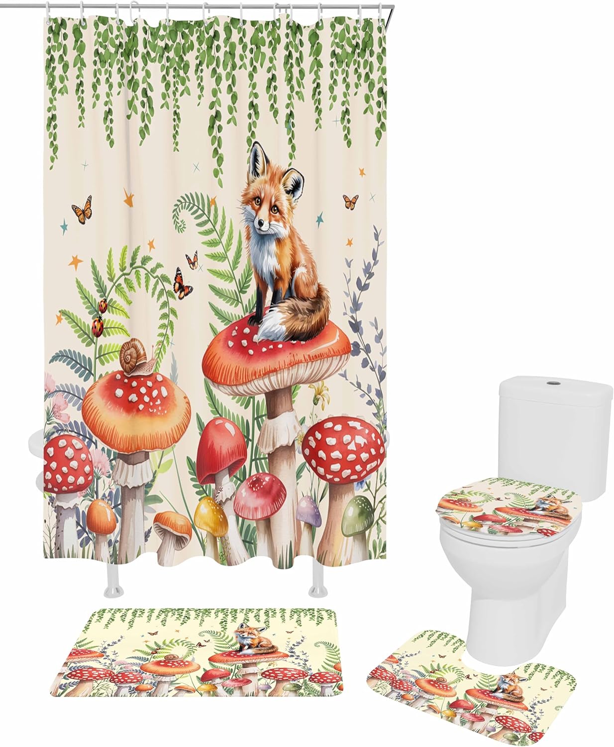 Mushroom Fox Bathroom Set - 36x72 Inches Retro Design