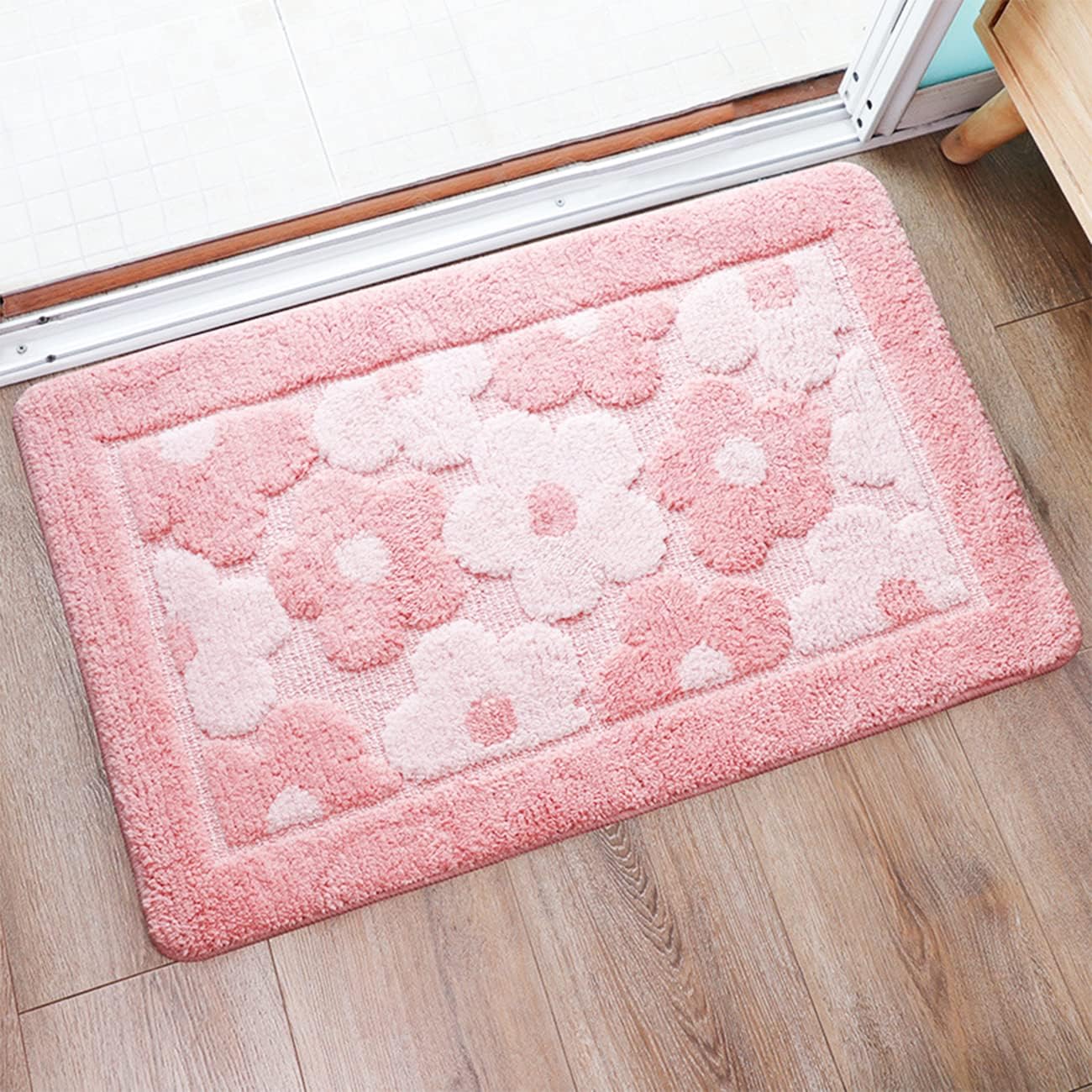 Pink Flower Bath Mat Plush Shaggy Microfiber Non-Slip Shower Rug