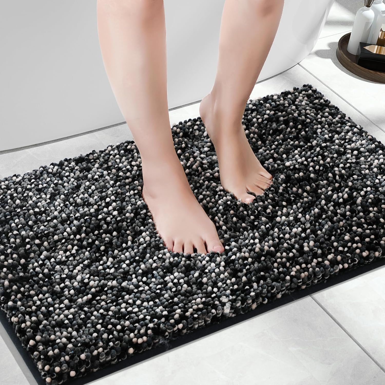 Yimobra Non-Slip Bath Mat 28x175 Plush Chenille Rugs Black Dark Gray