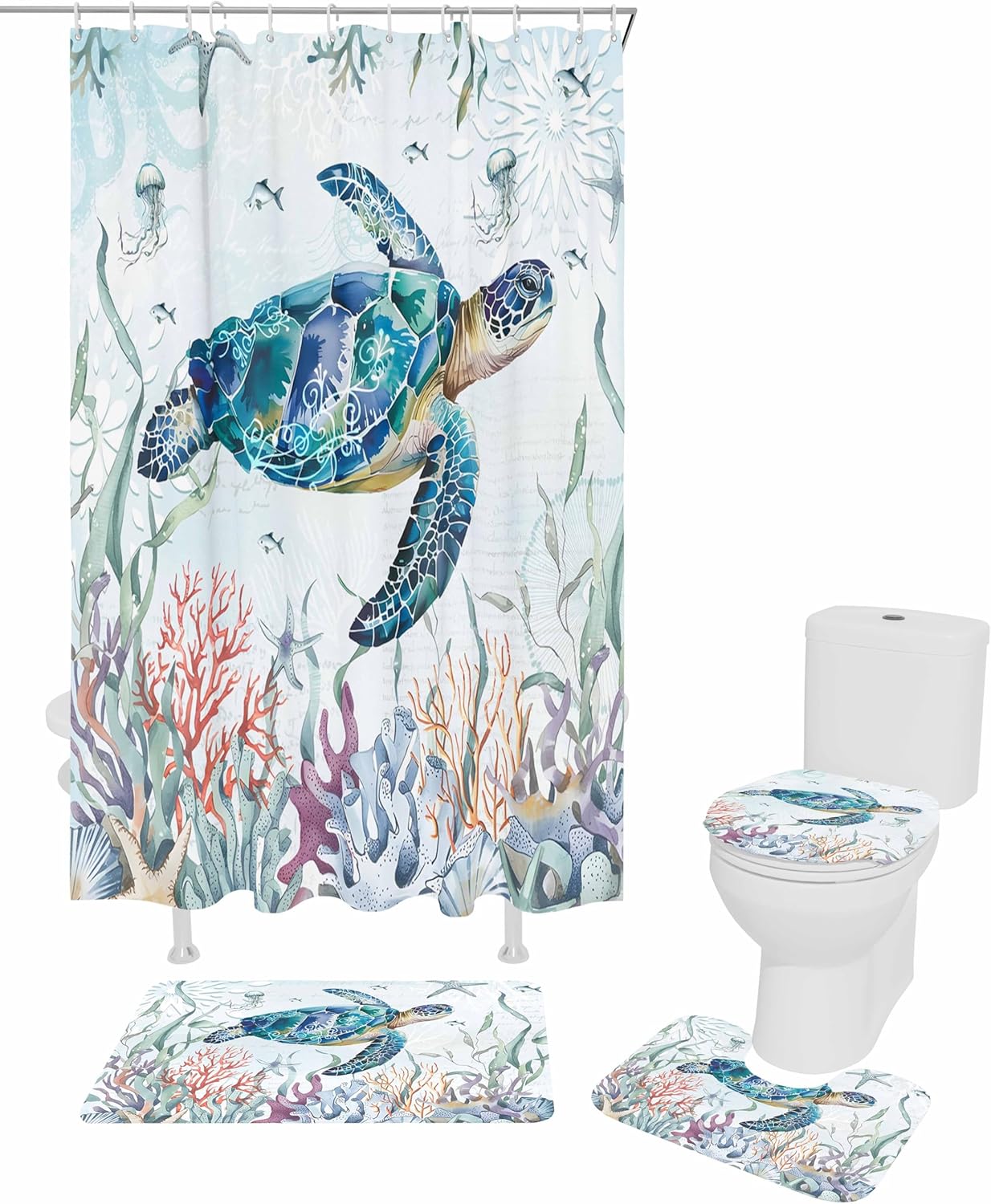 ZOE GARDEN Turtle Bathroom Set with Shower Curtain Rug and Accessories 1